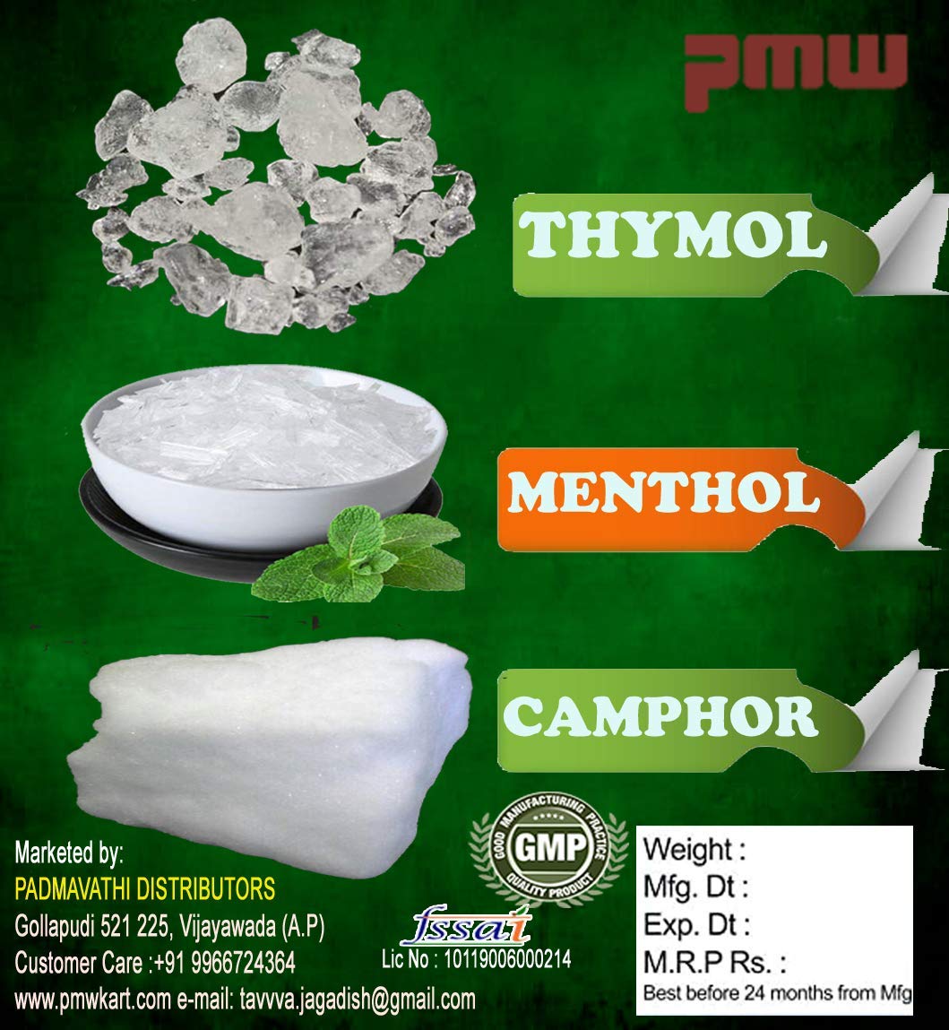 Pmw - Thymol Menthol Camphor Combo - TMC Set - 100 G x 3 - Ajwain Ki Phool - Pudina Ki Phool - Peppermint - Total 300 Grams