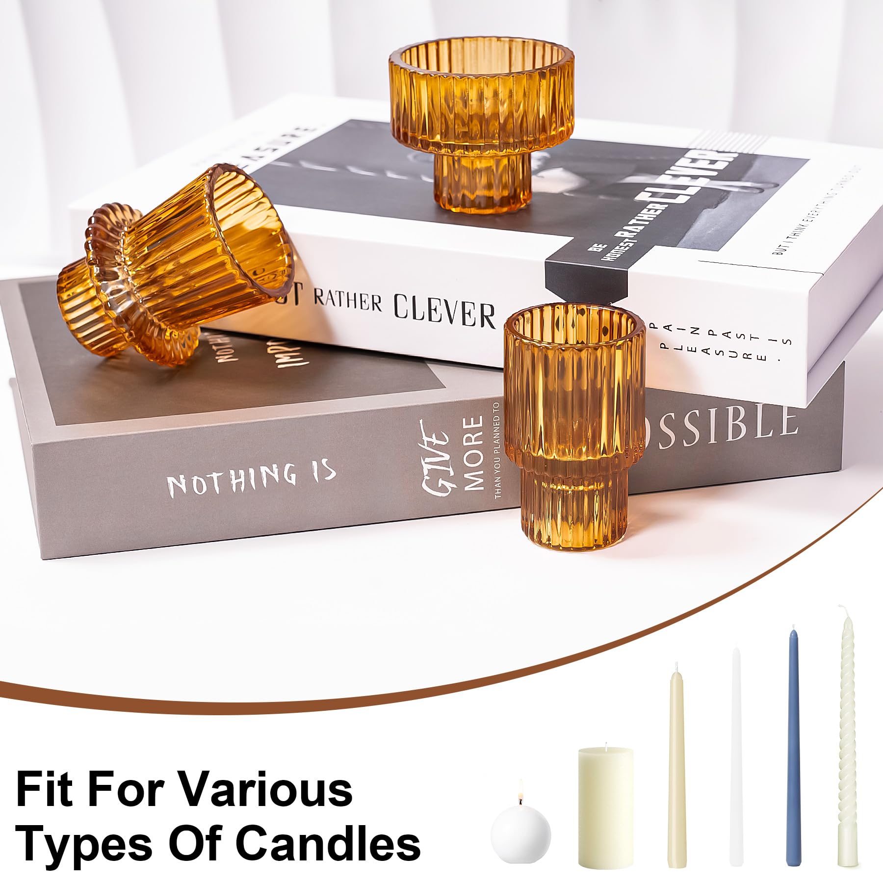 Toptime Candle Holders Set of 6, Glass Candlestick Holders Pinstripe Pattern, Reversible Tealight & Taper Candle Holders - Image 4