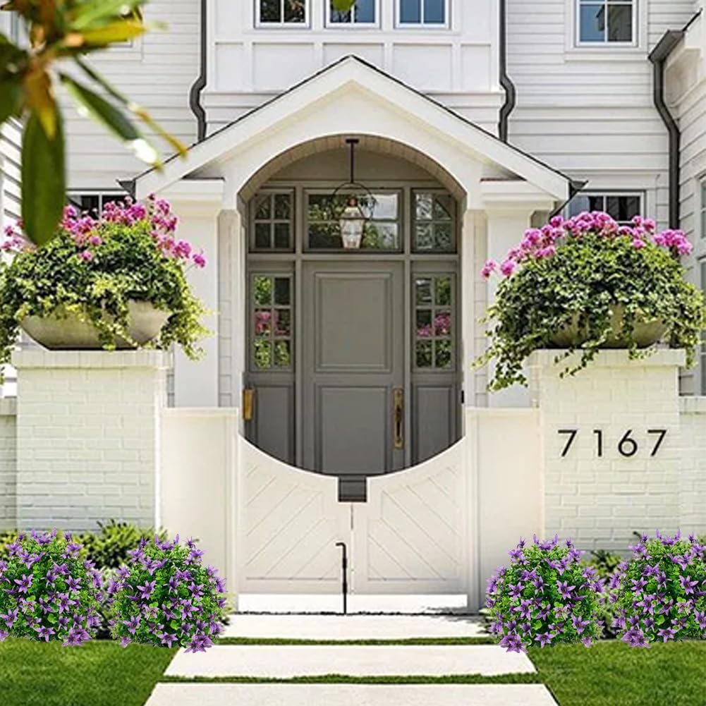 23.6in Artificial Boxwood Topiary Ball Trees with Flowers,2 Pack UV Resistant Faux Greenery Shrubs for Outdoor with Ground Spike,Fake Boxwood Plants for Front Porch Garden Yard