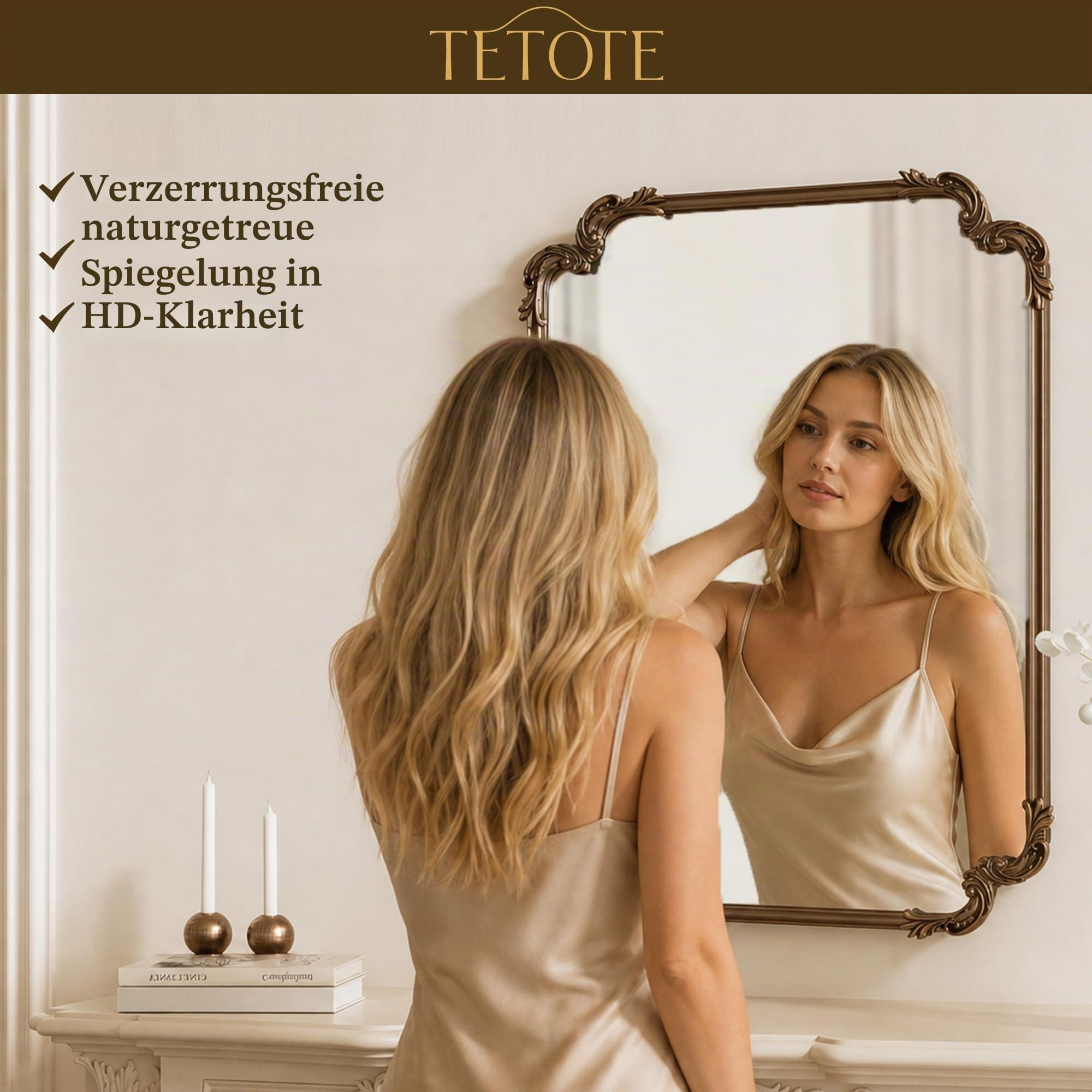 TETOTE Gold Vintage Spiegel - 60x90cm Goldener Vintage Wandspiegel - Barock Spiegel mit Gold Rahmen & Gehärtetem Sicherheitsglas - Horizontal & Vertikal Montage für Flur Bad Wohnzimmer