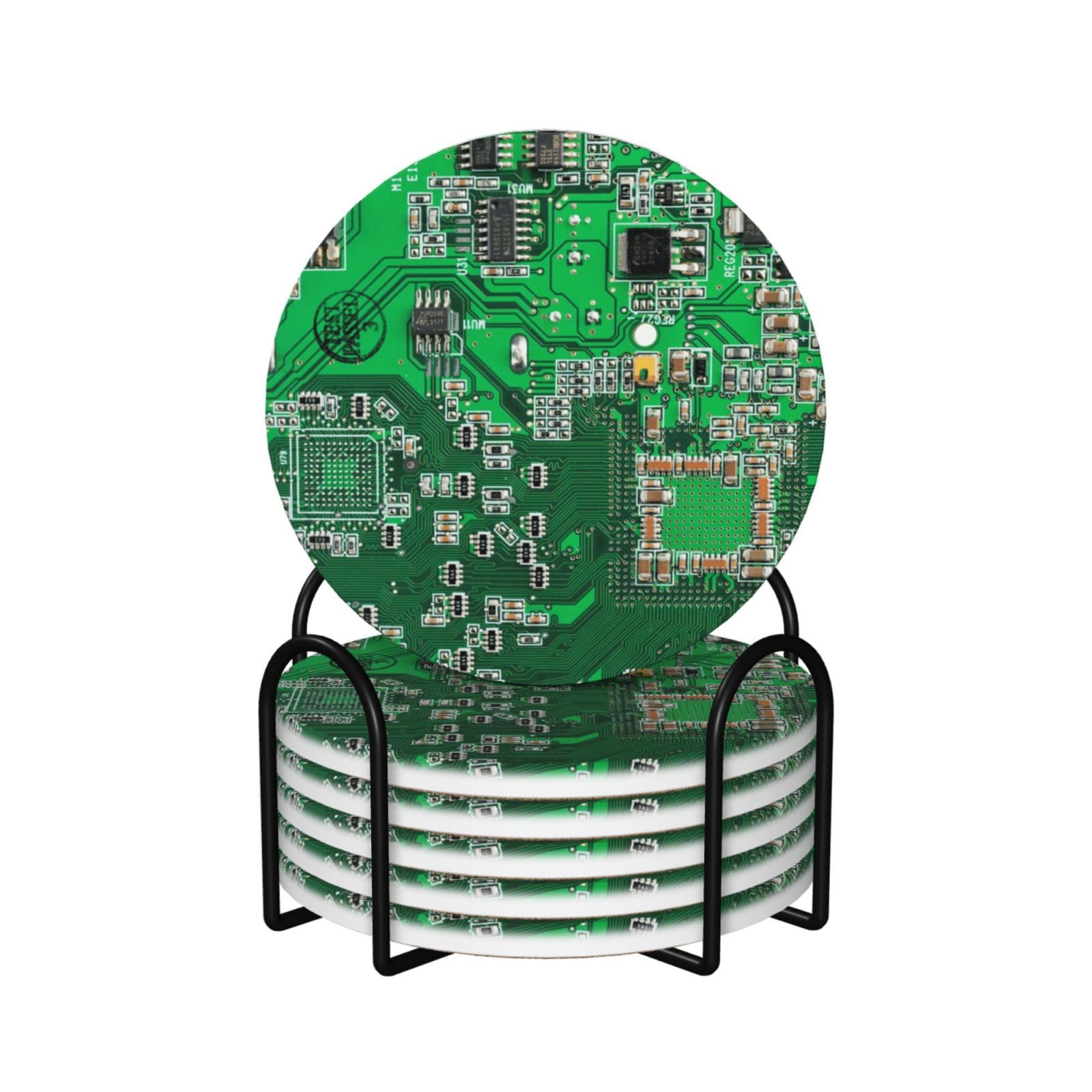 Yxdvpalne As Picture Green Circuit Board,Round Ceramic Coasters, Mugs Pad, Cups Mat Set Of 6 Drinks Coasters With Holder