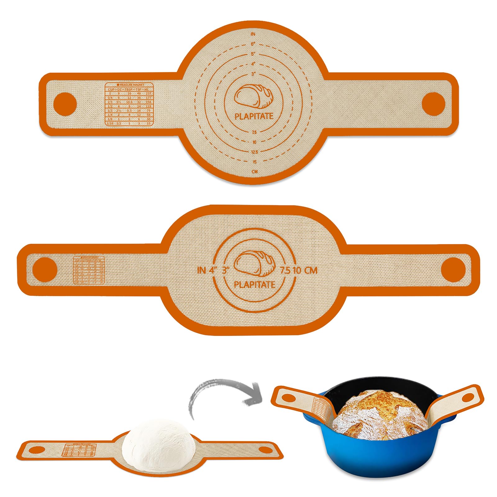 PLAPITATE Forro de silicona para horno holandés, antiadherente y fácil de limpiar, reutilizable, ovalada y redonda, con asas largas, fácil de transferir pan de masa madre, juego de 2 naranjas