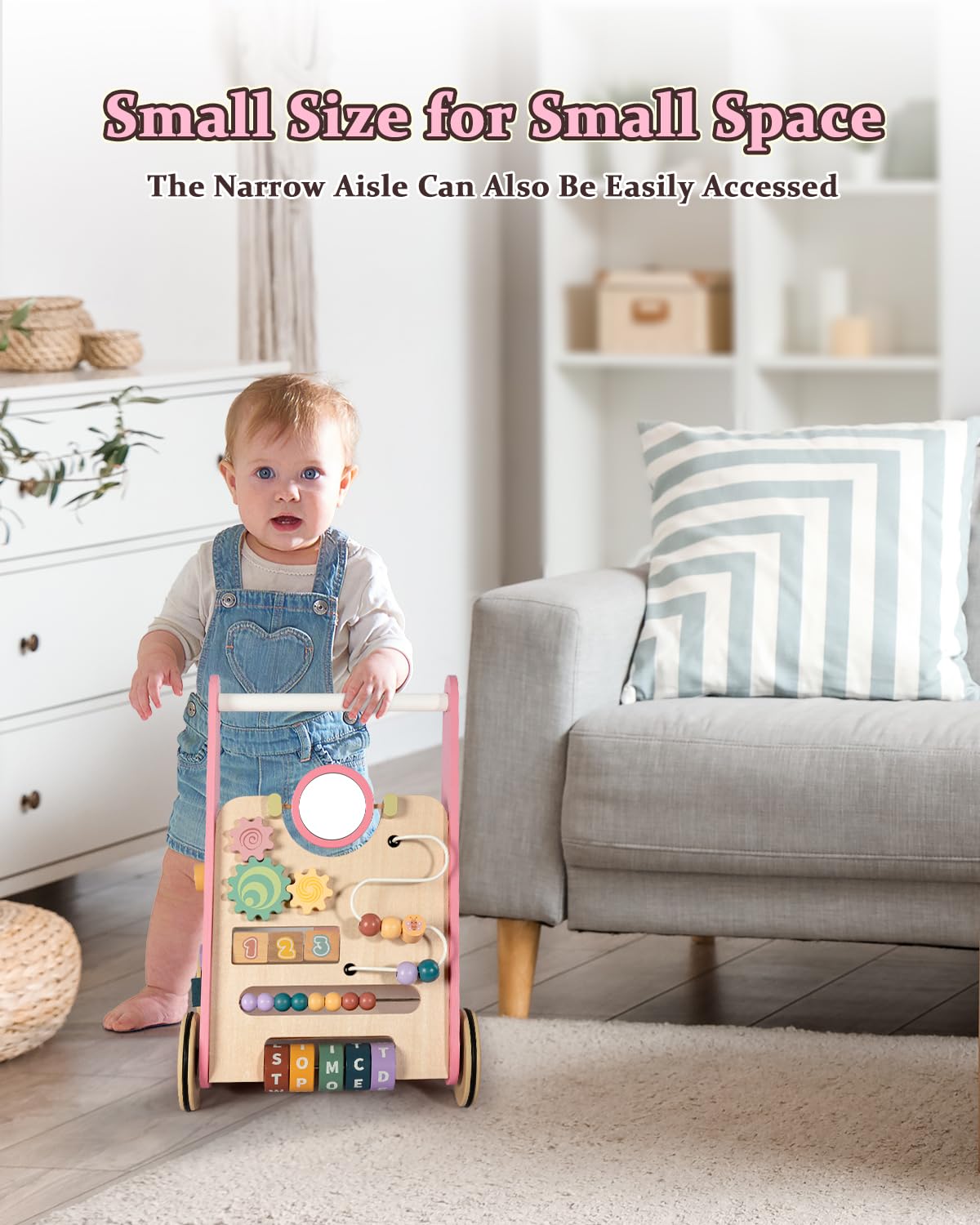 Wooden Baby Walker with Wheels, Baby Push Walkers for Girls 12 Months, Baby Activity Center Sit to Stand Walker Small Size