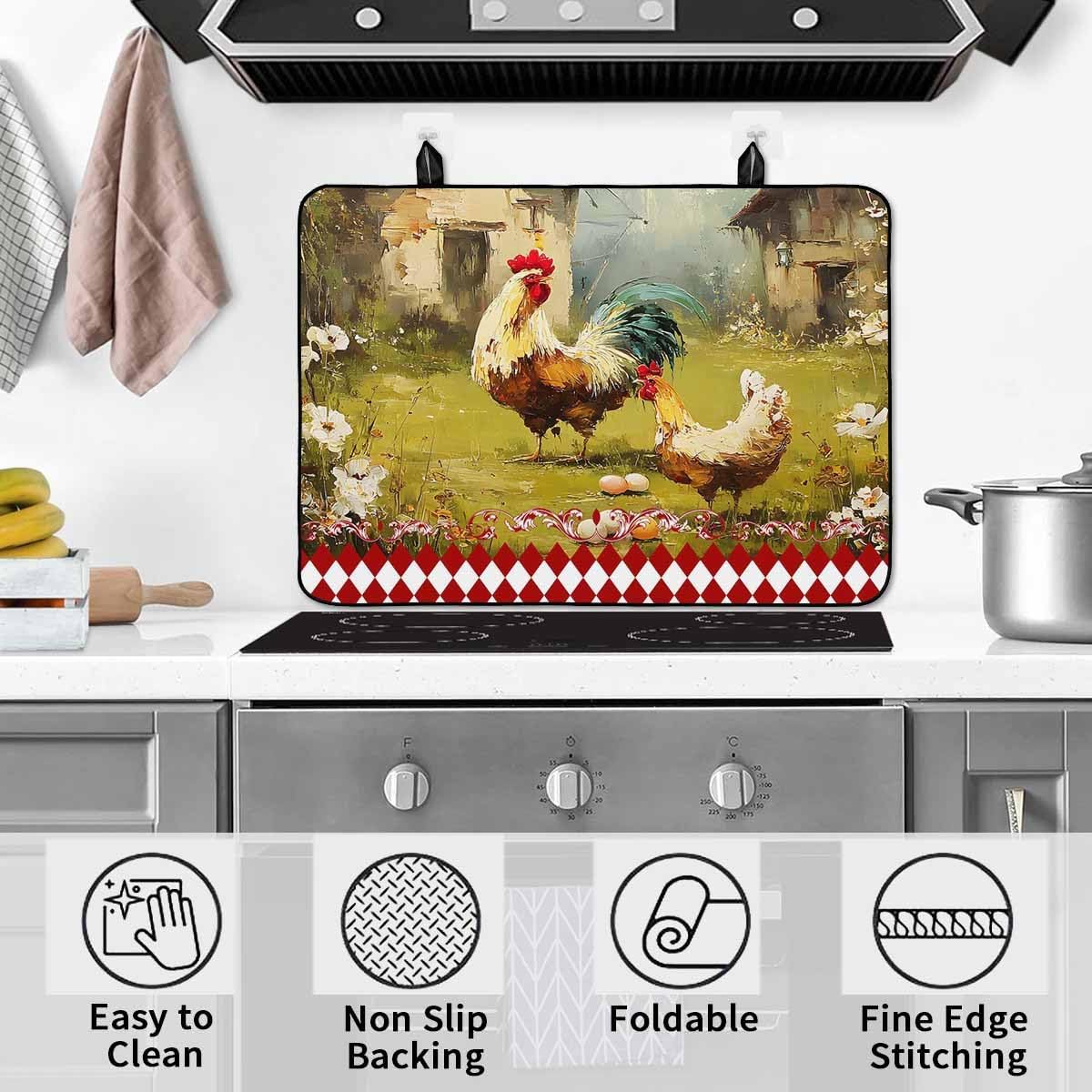 Stove Cover for Electric Stove, Farmhouse Chicken Vintage Rustic Hen Red White Checkered Plaid Stove Top Cover for Glass Top, Heat Resistant Rubber Mat Foldable Cooktop Protector, 28.5"x20.5"