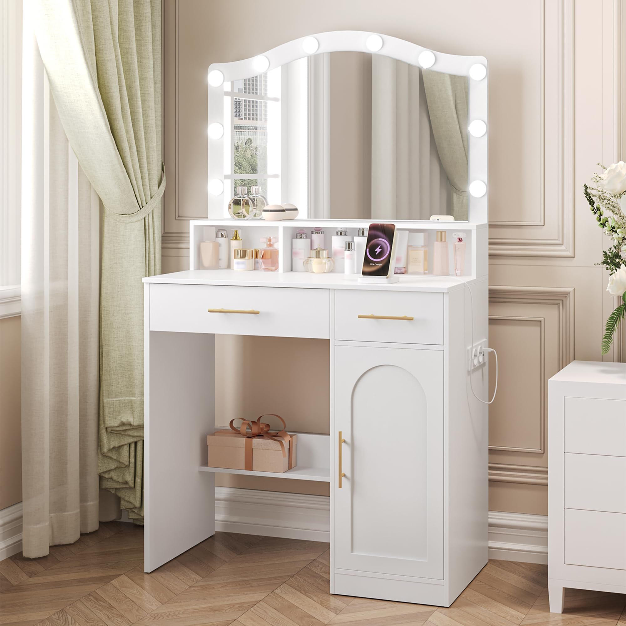 Hzuaneri Dressing Table, Large HD Mirror, LED Lights 3 Color Adjustable, with Schuko 2 AC Charging Station and 2 USB Ports, with 2 Drawers and 1 Cabinet, White-Gold, DT361HDT The Forest Stewardship Council