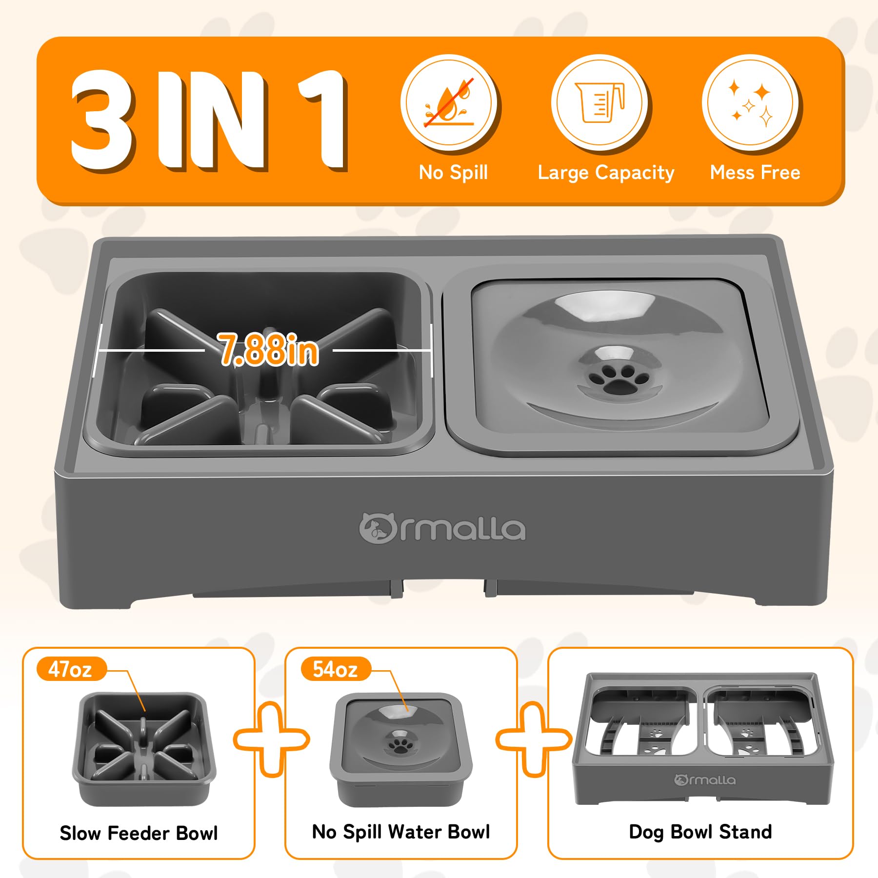 Ormalla Elevated Slow Feeder Dog Bowls with No Spill Dog Water Bowl, Raised Dog Bowl for Large Medium Small Dogs, Dog Food Bowl Stand with Raised Splash Guard, 4 Heights 3.7", 8.5", 10.1", 11.7", Grey