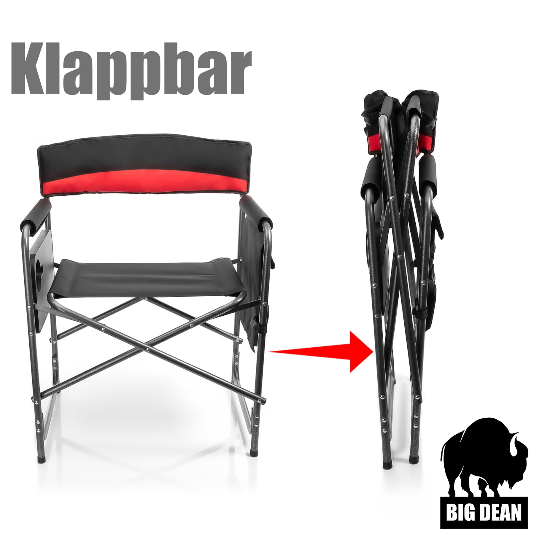 BigDean Campingstuhl 150kg mit Tisch – Klappstuhl mit Getränkehalter + Seitentasche – Hochwertiger Angelstuhl in Schwarz/Rot – Regiestuhl Klappbar für Camping und Outdoor – Metall und Kunststoff