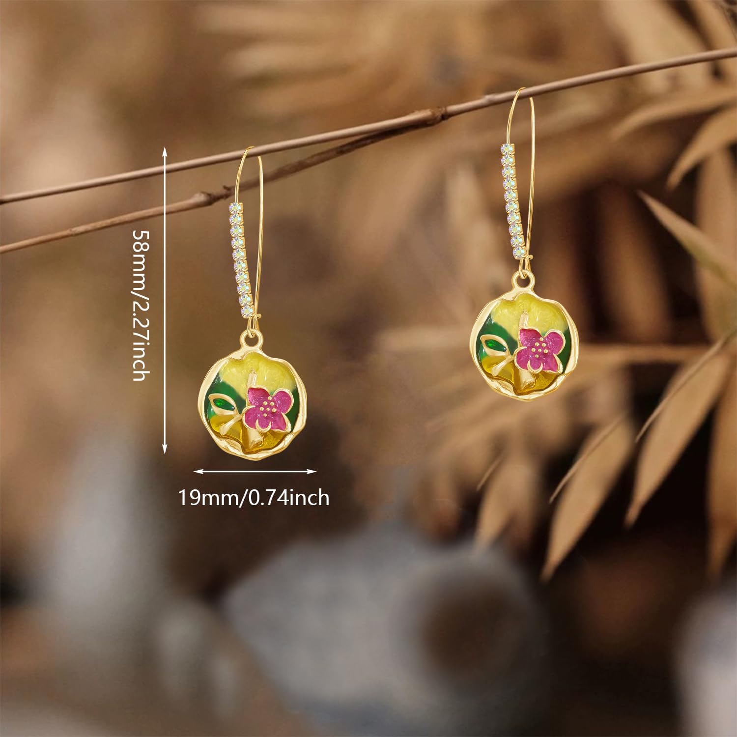 Handmade 14k Gold Enamel Flower Sparkly Crystal Leverback Earrings Round Disc Dangle Drop Earring for Women - Image 5