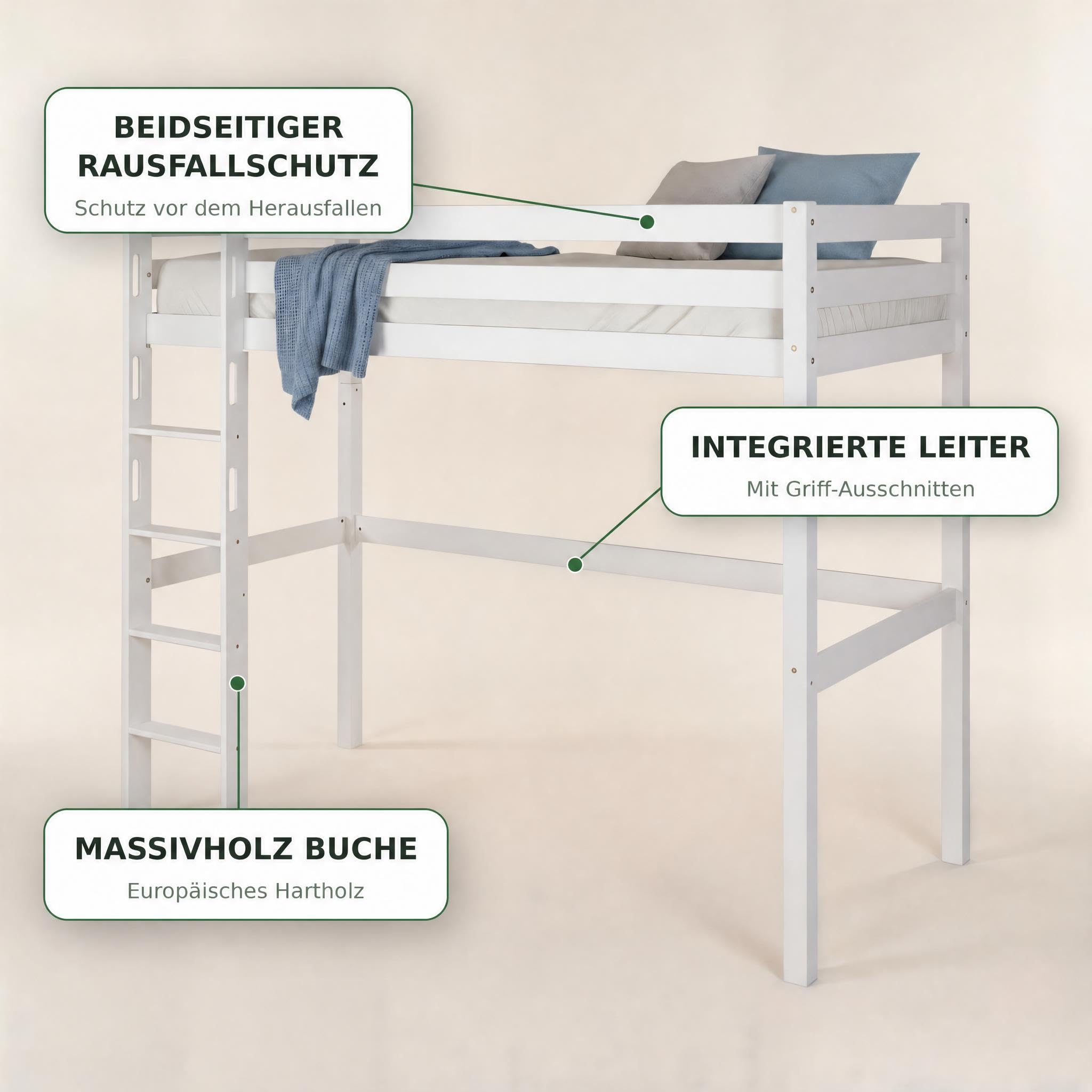 Staboos Hochbett Leni 90x200 Massivholz Kernbuche, Weiß Wasserlack