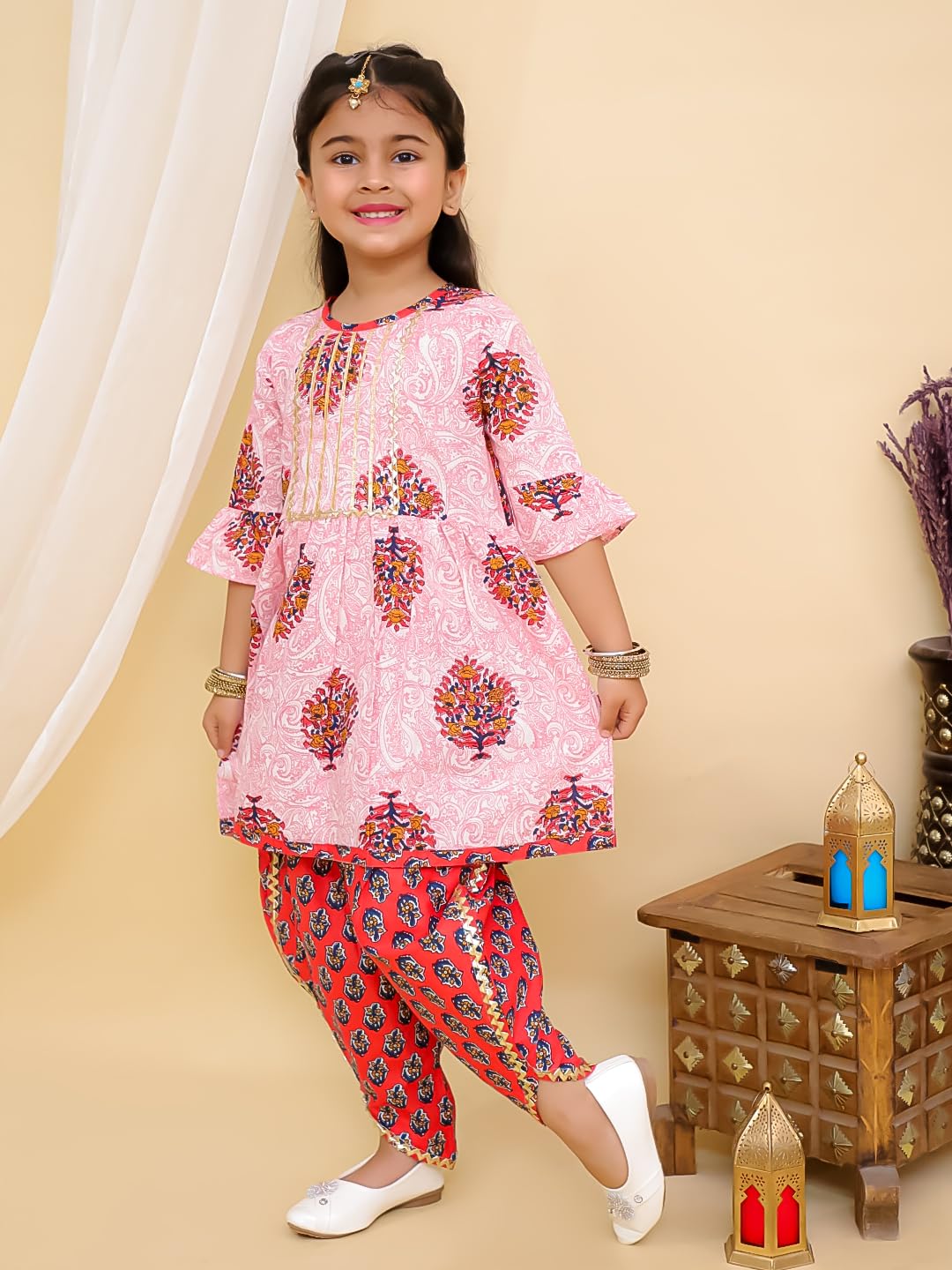 superminis Baby Girls Jaipuri Print Frock Style Kurti with Frill Sleeves and Dhoti Style Salwar with Elastic Closure Ethnic Dress (Magenta, 6-12 Months) Cotton 1