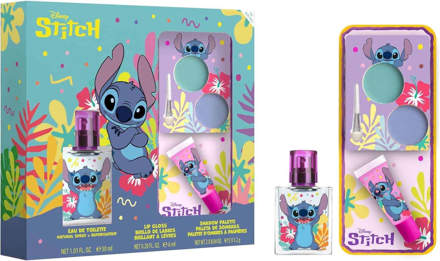 Disney Stitch Natural Kids Perfume & Makeup Gift Set – Eau de Toilette Spray 30ml, Lip Gloss & Eyeshadow Palette with Brush | Vegan & Dermatologically Tested | Safe Beauty Gift Set for Girls Aged 3+