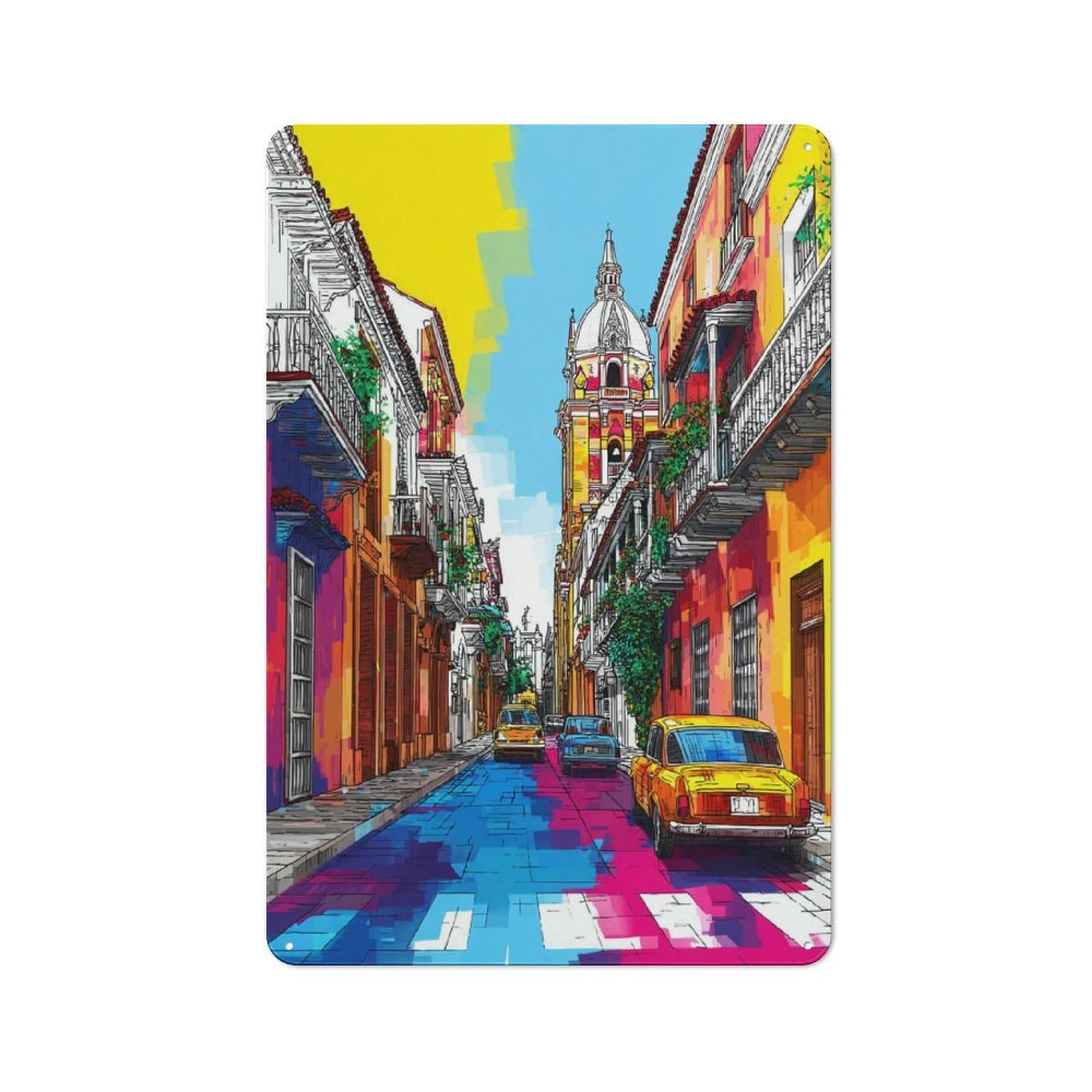 Junmoney Colorful Street Scene With Cathedral Tin Wall Plaque 30X20cm With For Café Or Restaurant, Suited To Restaurant Decor Fans