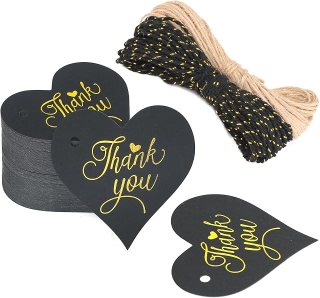 Thank You Heart Gift Tags with High-end Metallic Gold Thank You, 100PCS Kraft Paper Lables with String as Wedding Valentine's Favours Tags