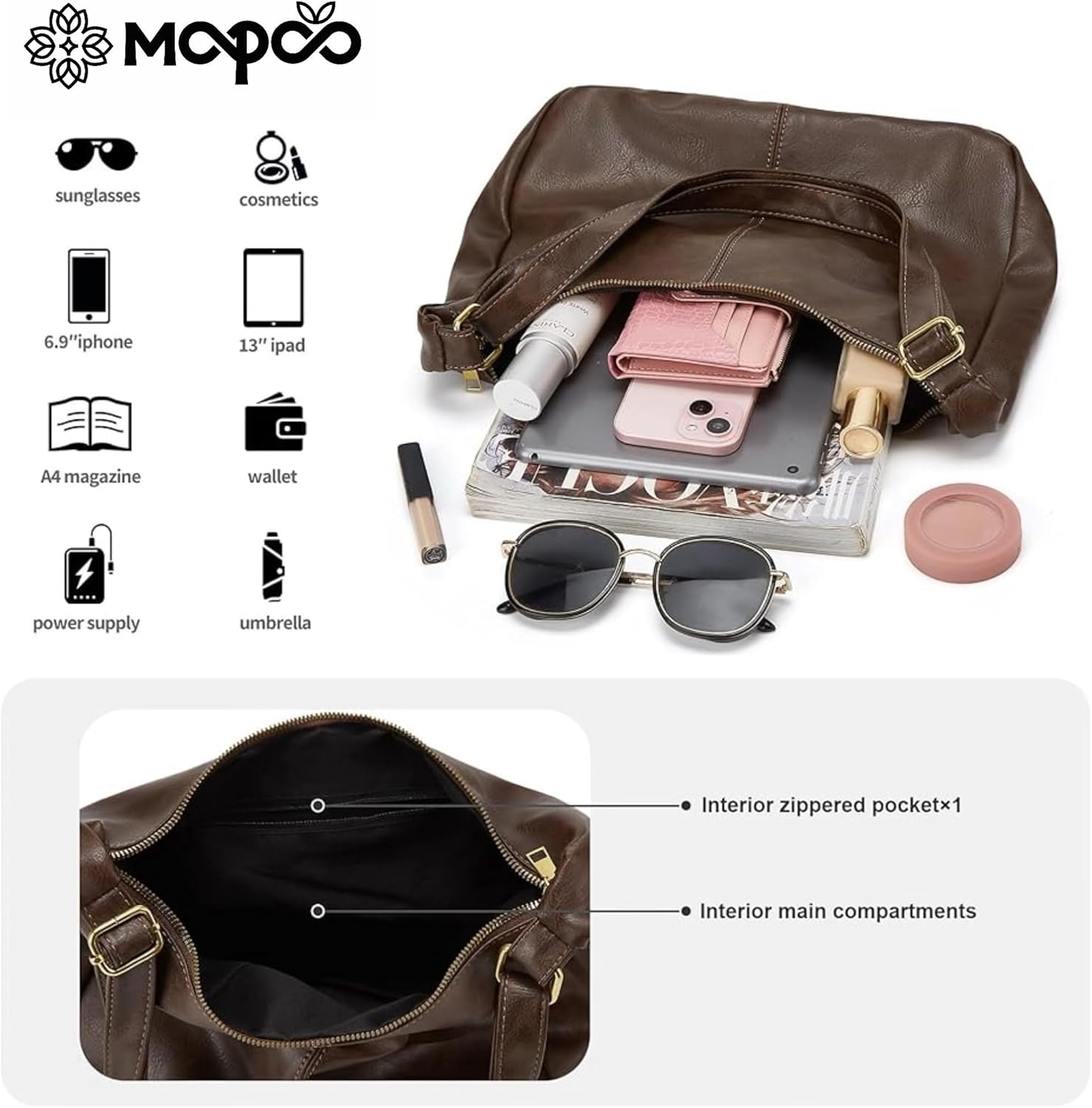 Hobo Bags for Women Leather,Foldable Slouchy Shoulder Purse Crossbody Handbag,Soft Vegan Brown Tote Casual Everyday Handbags - Image 3