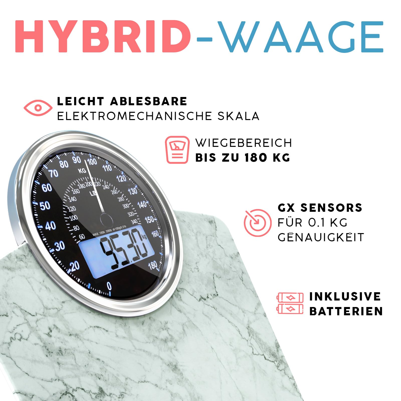 Hybrid Personenwaage - Analog & Digital, Präzise bis 180 kg | Gewicht auf Analogzifferblatt und LCD ablesen. Breite Glasplattform, 3 AAA Batterien inklusive, sofort einsatzbereit.