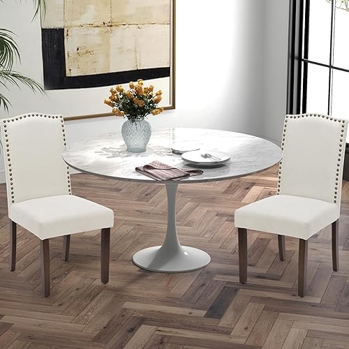 DUMOS Dining Chairs Set of 2, Fabric Dining Room Chairs, Upholstered Parsons Chairs with Nailhead Trim & Rubber Wood Legs, Kitchen Side Chair for Dining Living Room,Bedroom - Beige