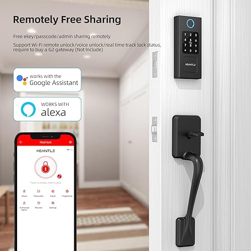 Miniatura 8 de Juego de cerradura inteligente para puerta delantera cerrojo de seguridad HEANTLE sin llave con asa, cerrojo inteligente de huellas dactilares,