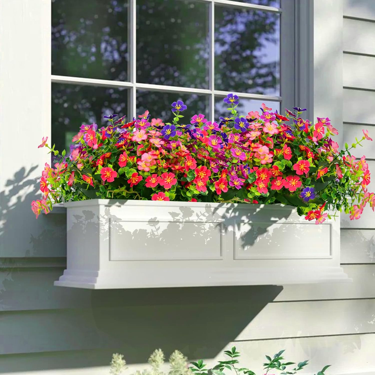 Artificial Faux Plants Flowers Outdoor Decoration,16 Bundles Fake Silk Colorful Daisy Eucalyptus Realistic UV Resistant for Outside Home Planter Porch Patio Yard Decor (red, white, pink,purple, green) - Image 5