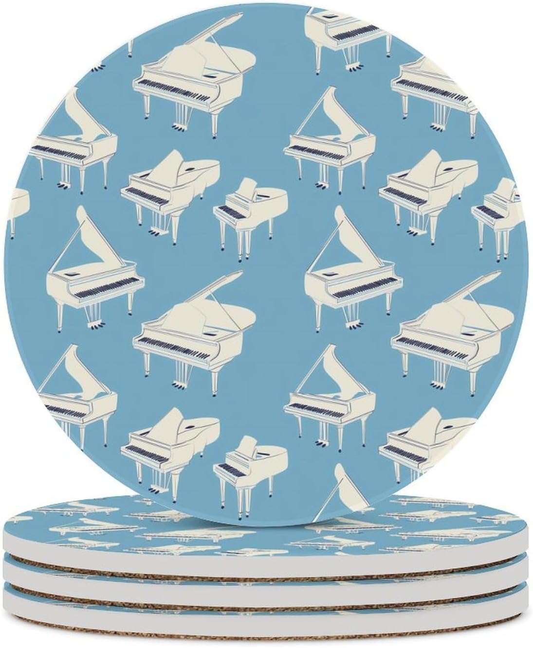 Piano Pattern Round Ceramic Coasters Print Drinks Absorbent with Cork Base for Home Decor Gifts 4 Inch