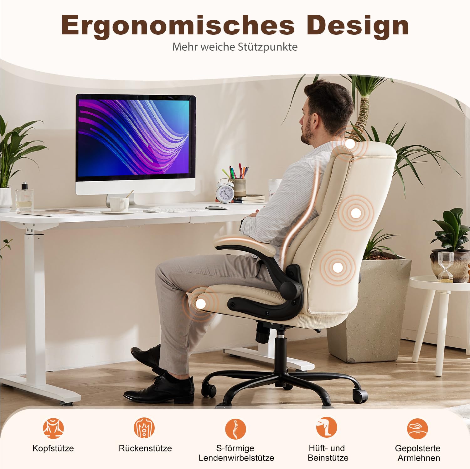 DUMOS Bürostuhl Pu-Leder Chefsessel mit Hochklappbaren Armlehnen Bürostuhle Leder mit Drehbaren Rädern Office Chair Ergonomic Geeignet für Büros Zuhause und Andere Umgebungen
