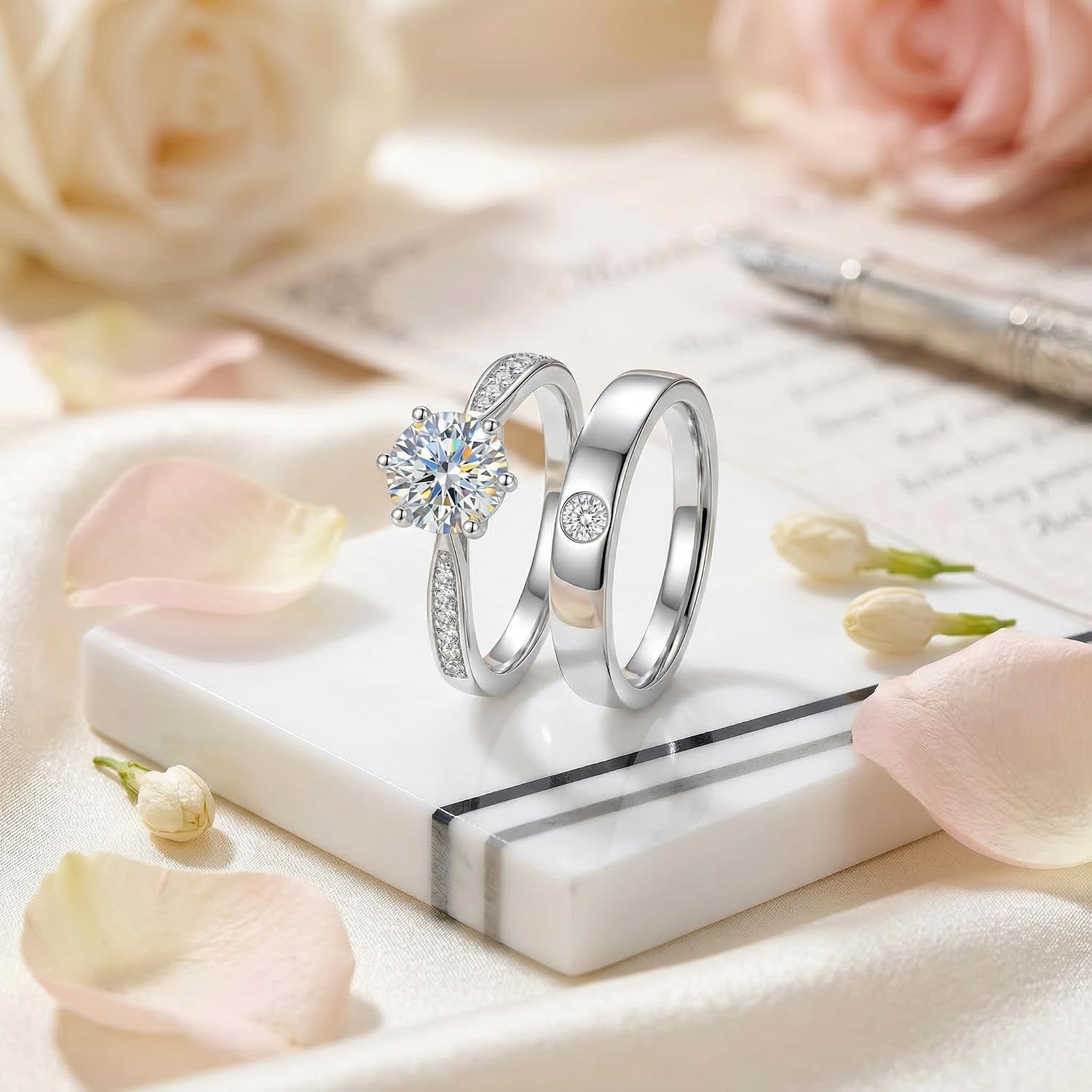 WSX Personalized 1 to 3 Carat Diamond Couple Rings Set, Matching Couple Rings for Him and Her Wedding Bands for Promise Engagement Anniversary Bridal Jewelry