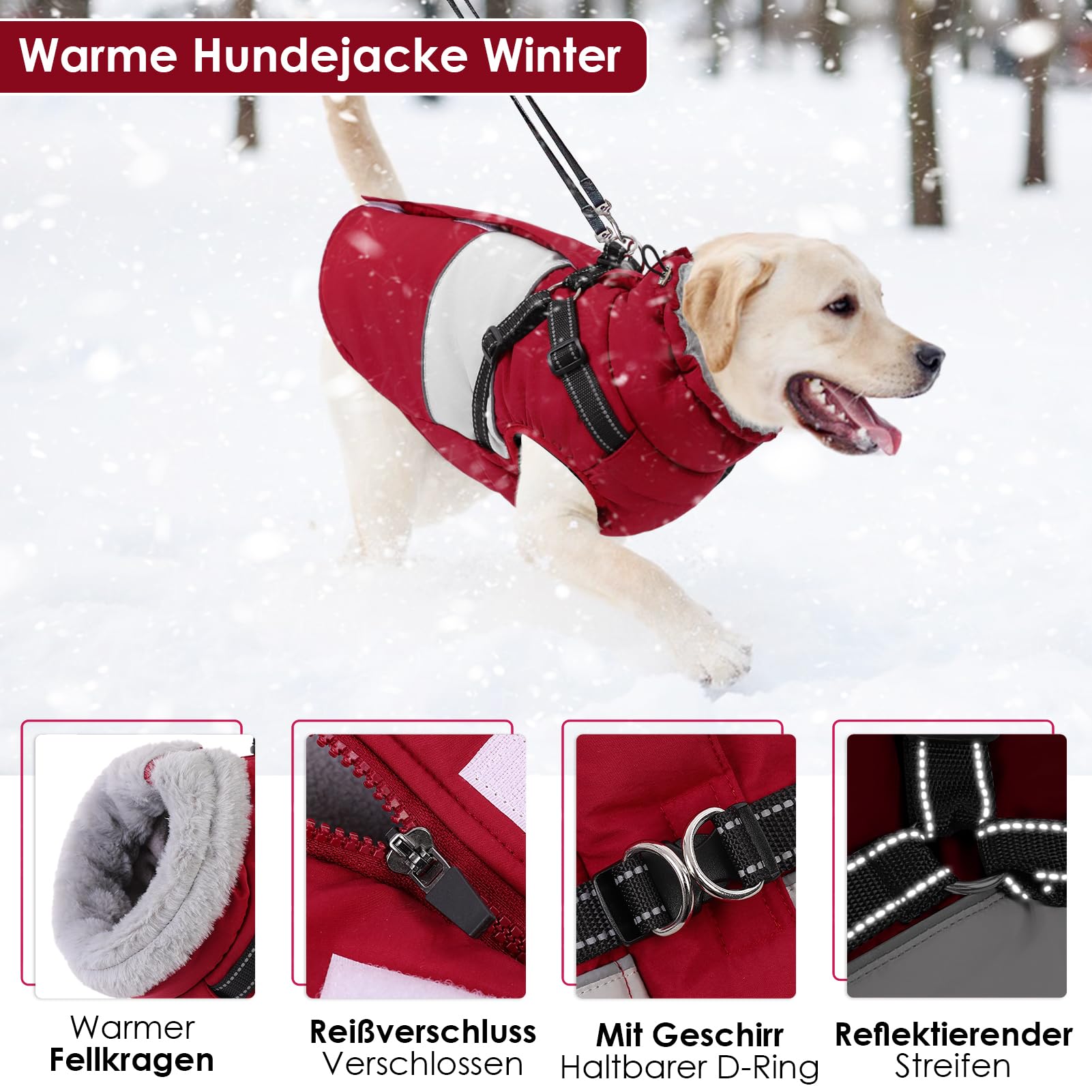 AOFITEE Hundemantel Winter, Wasserdicht Warme Hundejacke Wintermantel für Große Hunde, Reflektierend Hunde Wintermäntel mit Geschirr, Reißverschluss, Warme Outdoor Hundebekleidung für Kaltes Wetter