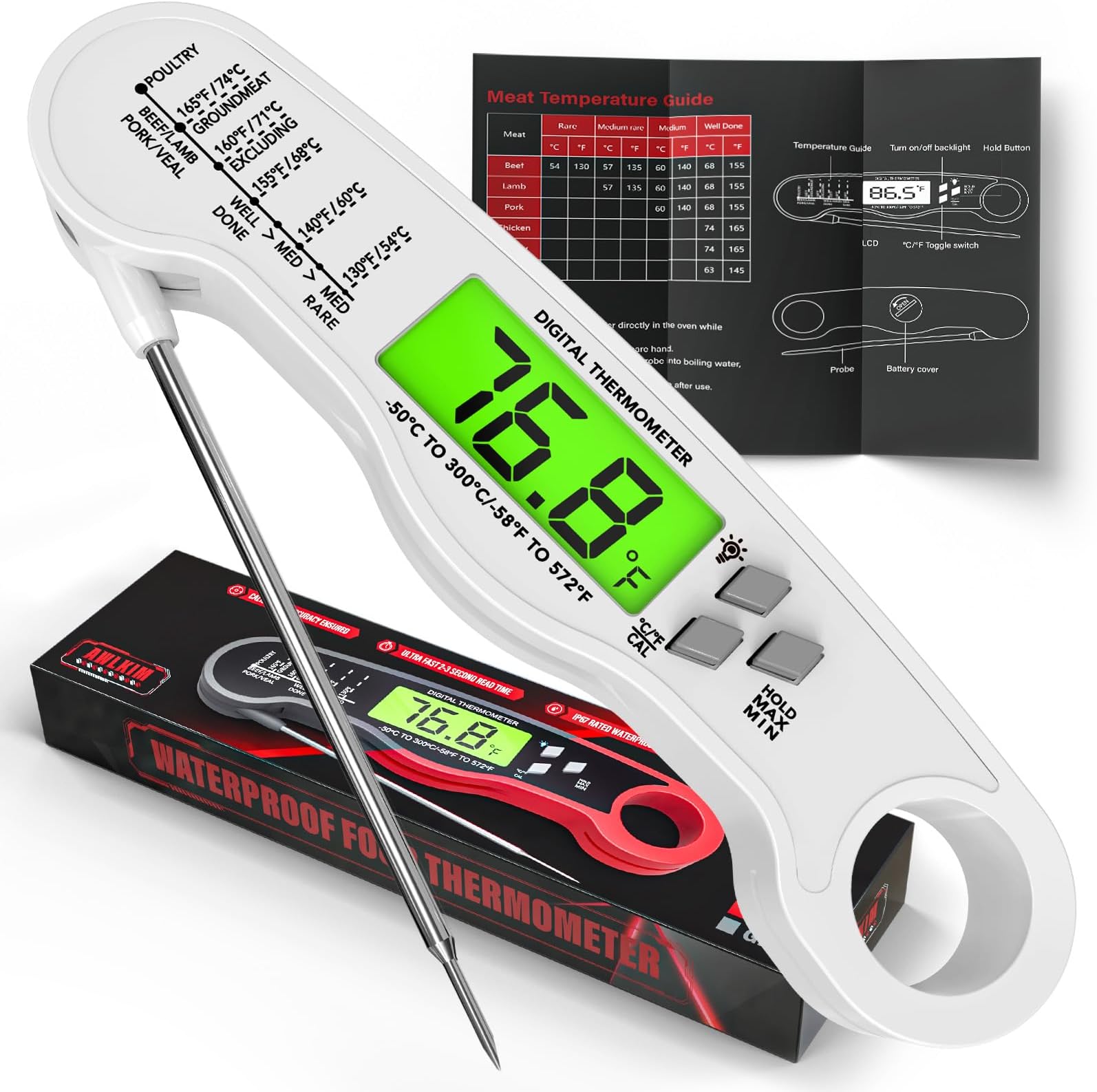 AWLKIM Meat Thermometer Digital - Fast Instant Read Food Thermometer for Cooking, Candy Making, Outside Grill, IP67 Waterproof Kitchen Thermometer with Backlight, Stocking Stuffers for Men - White