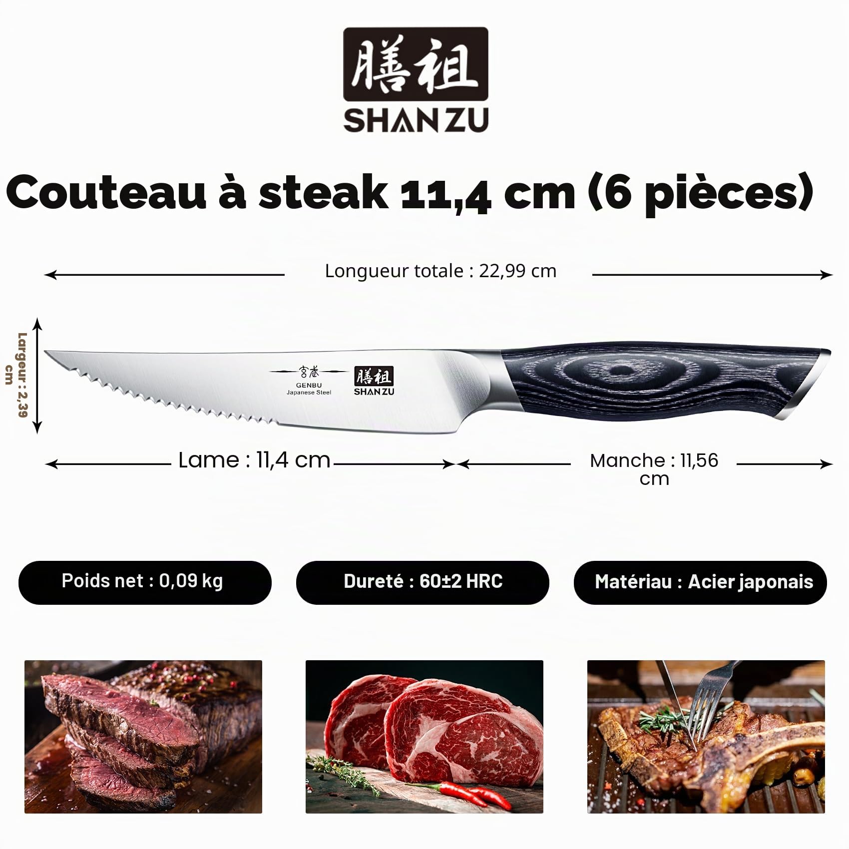 SHAN ZU Couteaux à Steak 6 Pièces, Set de Table, Lame Ultra-Fine Acier Inoxydable, Manche Bois K133 Série Genbu