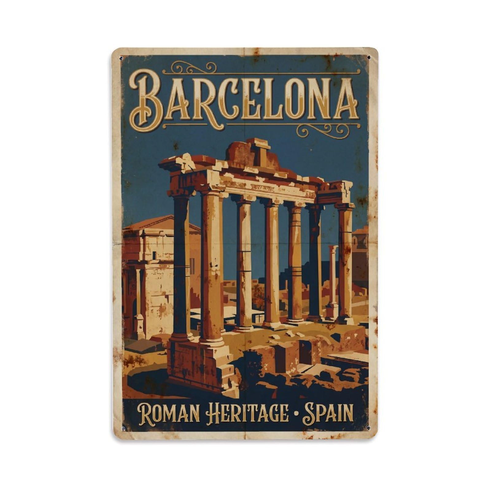 Vintage Travel Columns Spain Roman Metal Tin Sign Plaque Wall Decor for Cafe, Club Bar, Office, Home Garden Metal Poster 8x12Inch