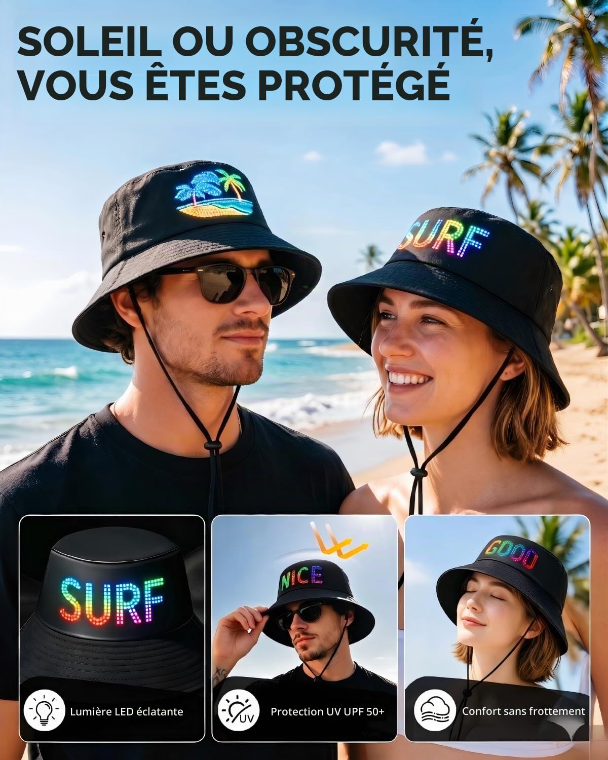 Bob LED Lumineux Bucket Hat Programmable Via App, Chapeau Bluetooth avec Écran à Défilement de Texte, Style Cyberpunk Tenue de Festival Rave pour Homme Femme, USB-C Noir