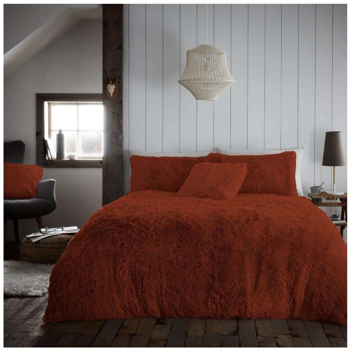GC GAVENO CAVAILIA Luxury Long Pile Faux Fur Double Duvet Set, Cosy Warm Hug & Snug Thermal Bedding Set Fleece Quilt Cover Wth Pillowcases, Rust
