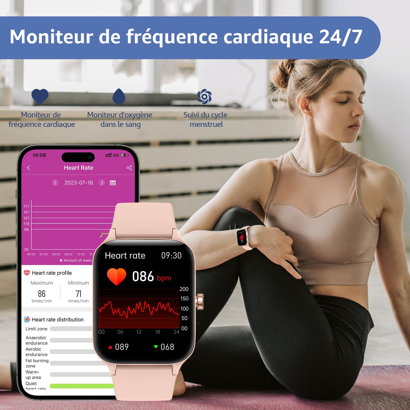 Montre connectées Femme,1.95" Touch Screen Smartwatch avec effectuer/répondre appels,Suivi de Fitness avec Pression artérielle et Moniteur de Sommeil,140+ Sport,IP68 pour Android iOS Rose