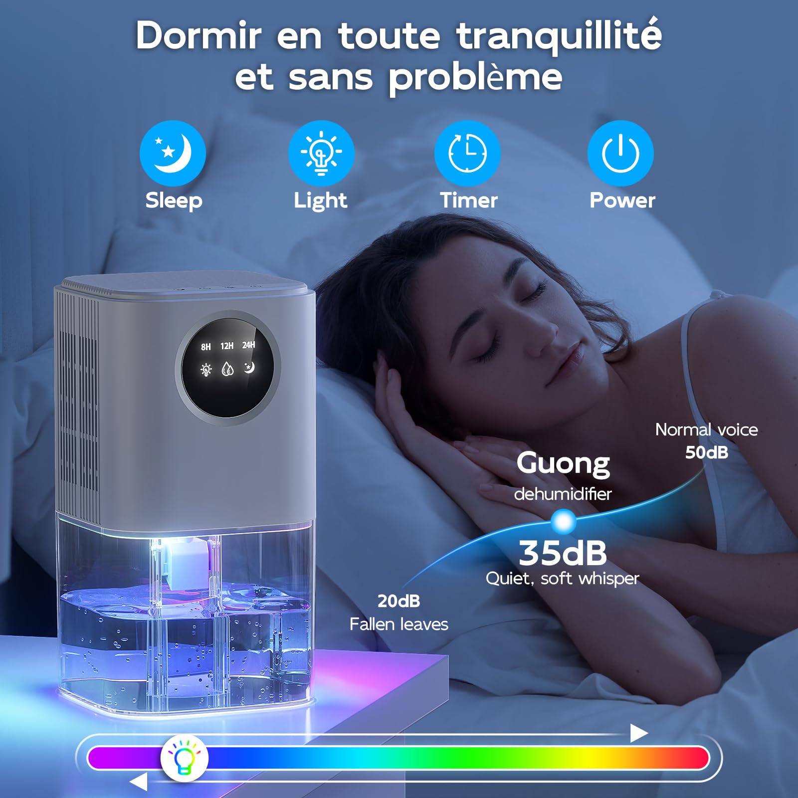 KITMOUS 1800ml Deumidificatore D'aria Ultra Silenzioso con 7 Luci Notturne Colorate e Spegnimento Automatico Assorbitore di Umidità Elettrico per Bagno Camera da Letto