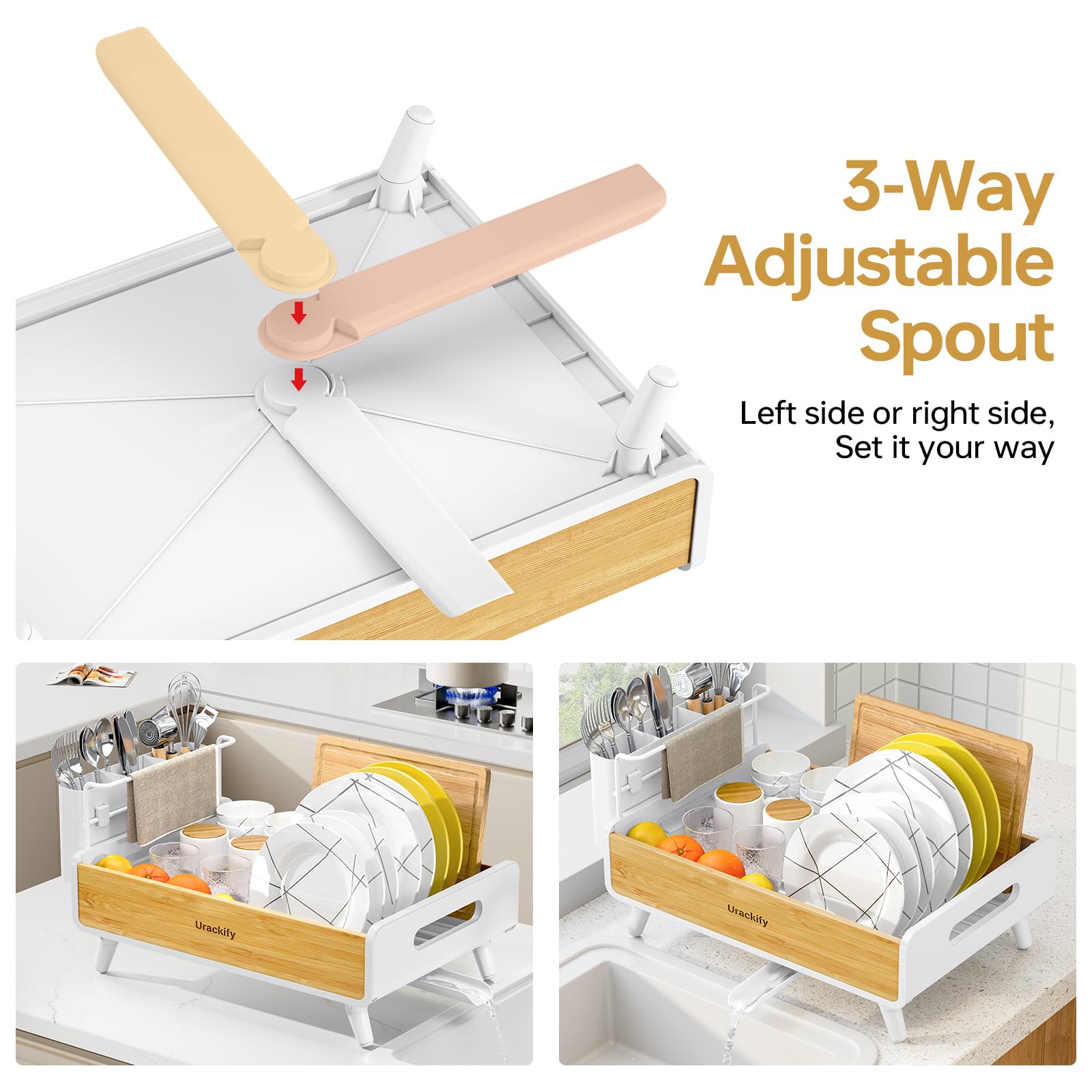 Urackify Scolapiatti per Cucina | Acciaio Inox e Bambù, Portautensili Rimovibile, Scolapiatti con Scarico Automatico