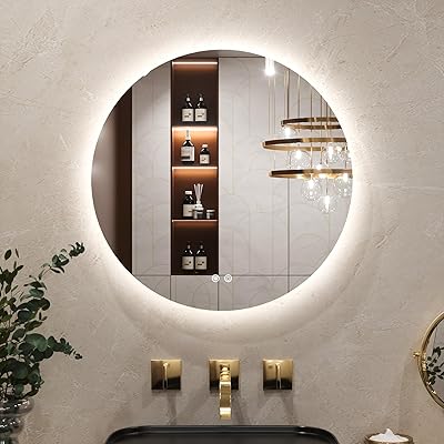 Keonjinn Badspiegel mit Beleuchtung Rund 60cm, Badezimmerspiegel mit Beschlagfrei Touch Schalter Speicherfunktion 3 Lichtfarben Dimmbarer LED Bad Spiegel Ohne Rahmen Badezimmer Wandspiegel
