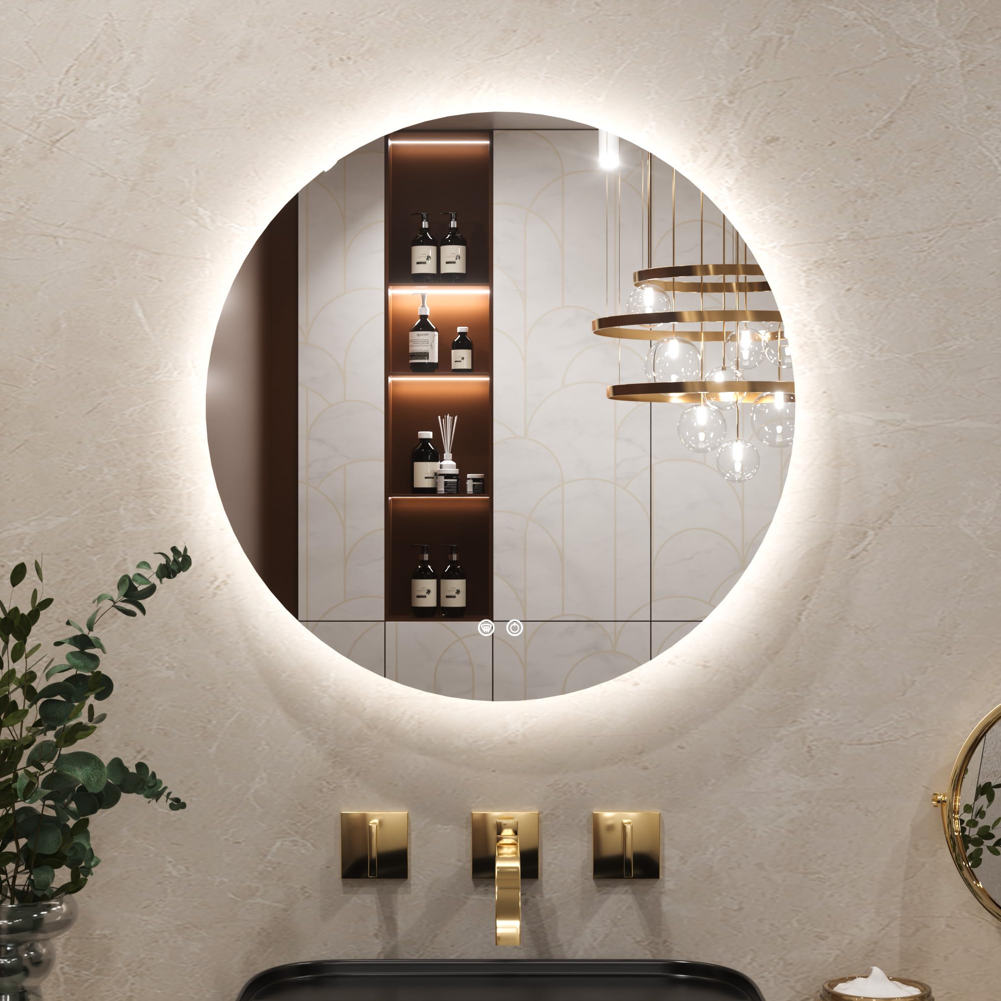 Keonjinn Round Bathroom Mirror with LED Lights, 60cm Illuminated Light Up Bathroom Mirror with Backlit Light, Anti-Fog Wall Mounted Vanity Mirrors 3 Colors Dimmable, Memory Function