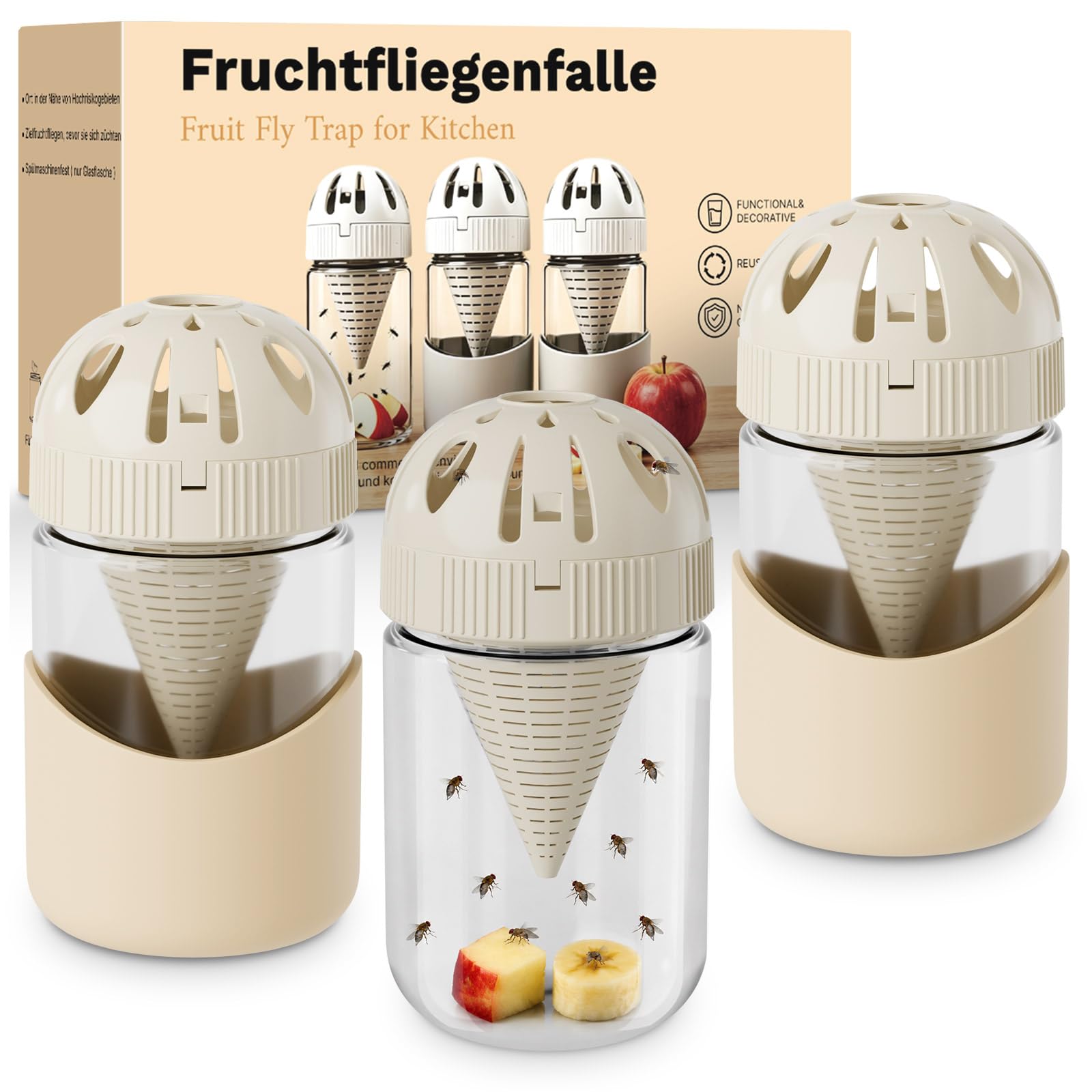 Vepazony 3 Pack Glass Fruit Fly Trap, Escape-proof Lid Indoor Flies Catcher Observable Effective Against Flies Reusable Live Traps for Home Kitchen Use, off-white