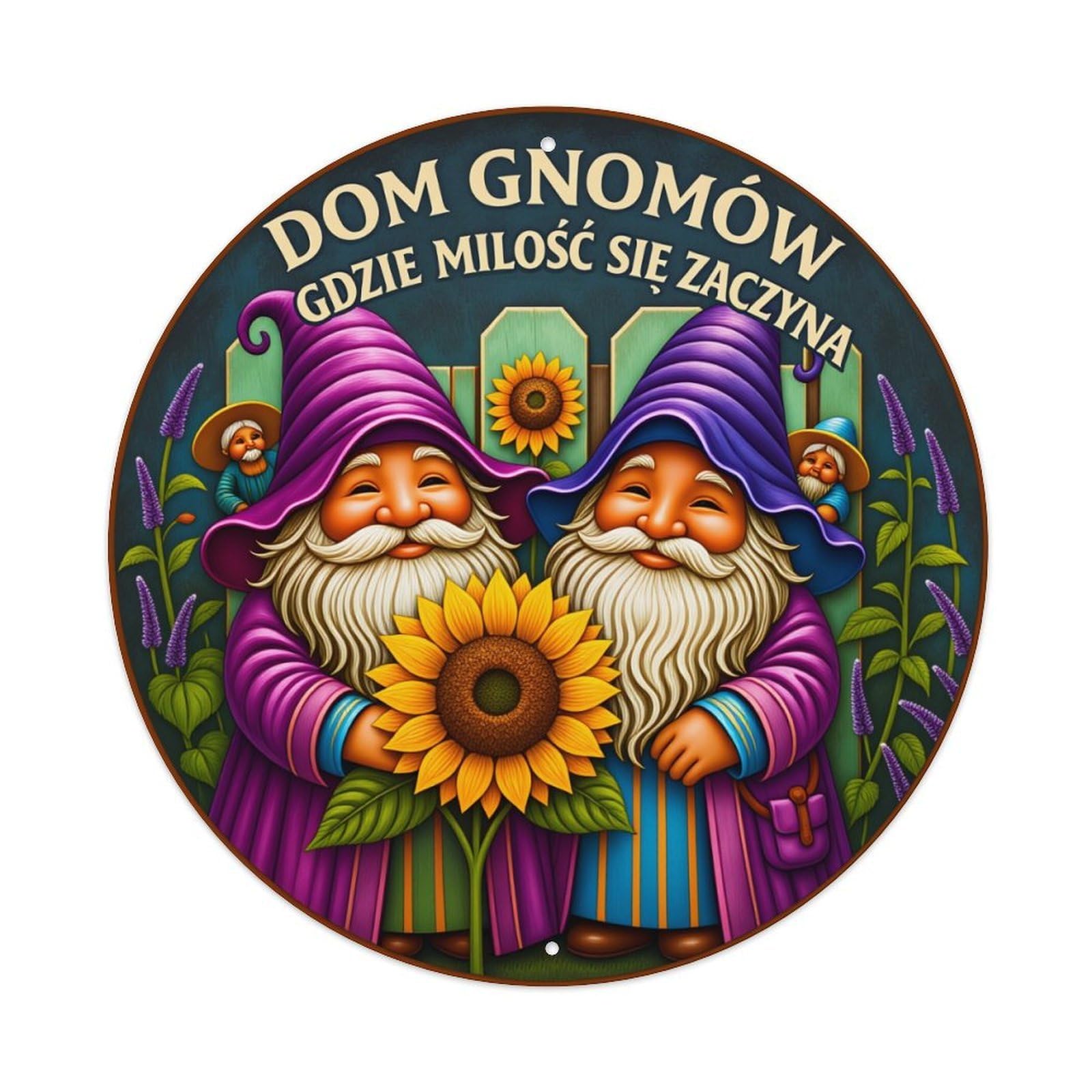 Gnomes Sunflower Garden Purple Hats Round Tin Sign Vintage Style Metal Sign Home Bar Garden Wall Plaque Decor Metal Poster 8x8 Inch