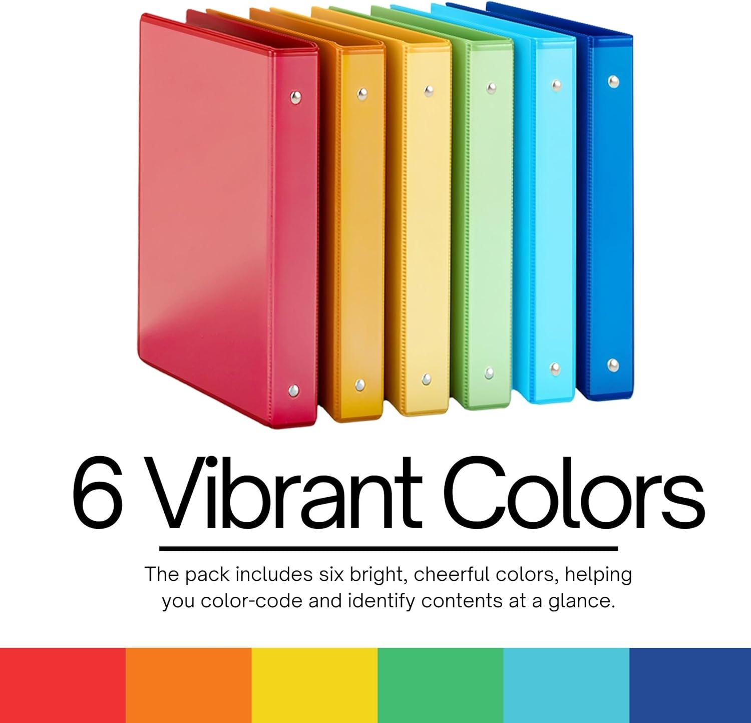 Performore 6-Pack Multi-Color 3-Ring Binders, 1-Inch Round Rings, 8.5x11 Inches, Versatile Binders for Office, Home, & School Use, Assorted Colors (Dark Blue, Green, Orange, Red, Yellow, Bright Blue)