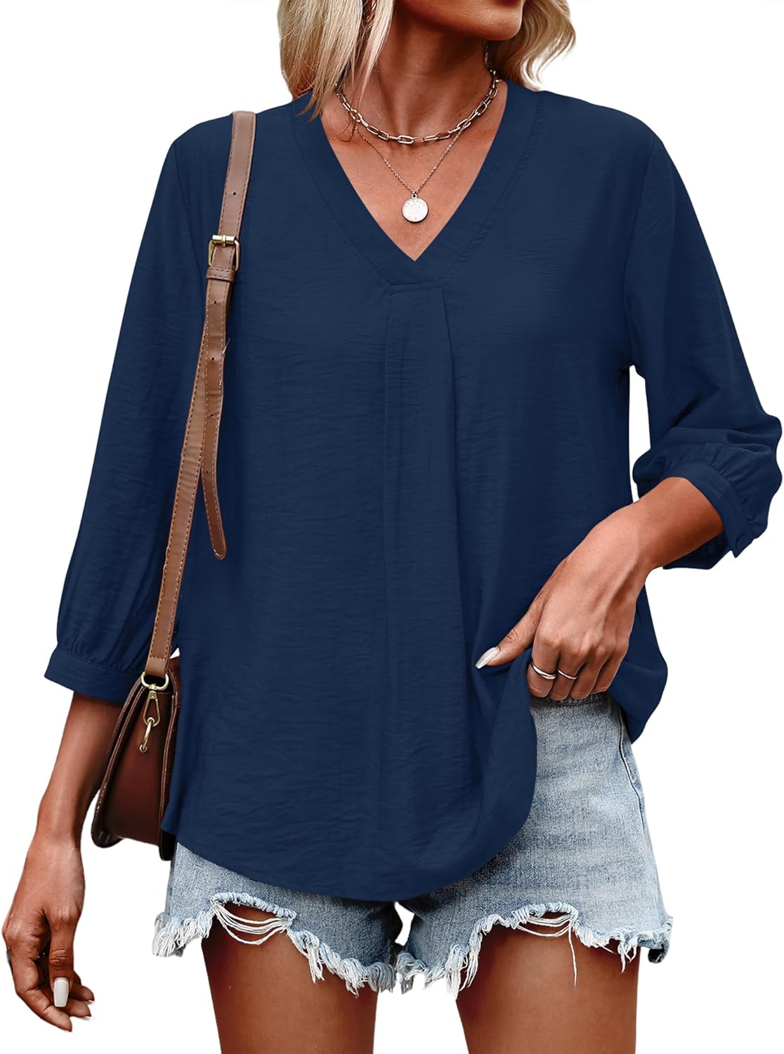 LOMON Womens 3/4 Sleeve V Neck Boho Peasant Blouses Dressy Casual Breathable Soft Tunic Tops with Button Cuffs - Image 4