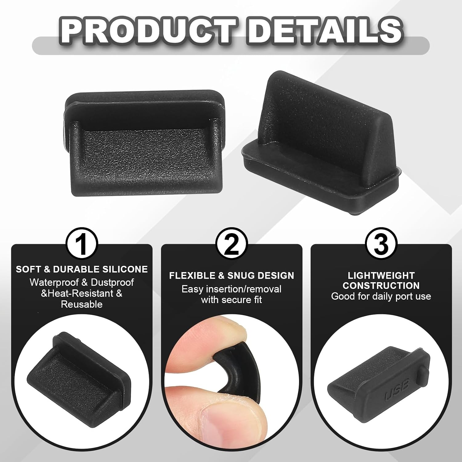 PATIKIL 0.5 Inch USB Type A Dust Plug, 60 Pcs Anti Dust Plug Cover Silicone Charging Cap Port Cover Protector Female End for USB Computer Cell Phone Port Device, Black/White/Clear