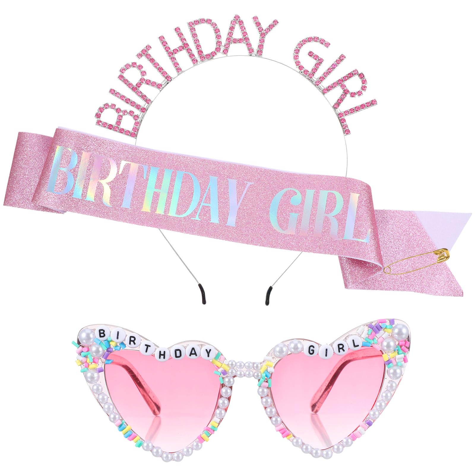 3Pcs Birthday Decorations for Girls, Birthday Girl Sash Crown and Glasses