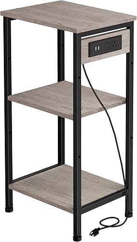 Miniatura 16 de Mesa auxiliar alta con estación de carga, mesita de noche estrecha de 3 niveles con almacenamiento, mesa auxiliar delgada con puertos USB y salidas
