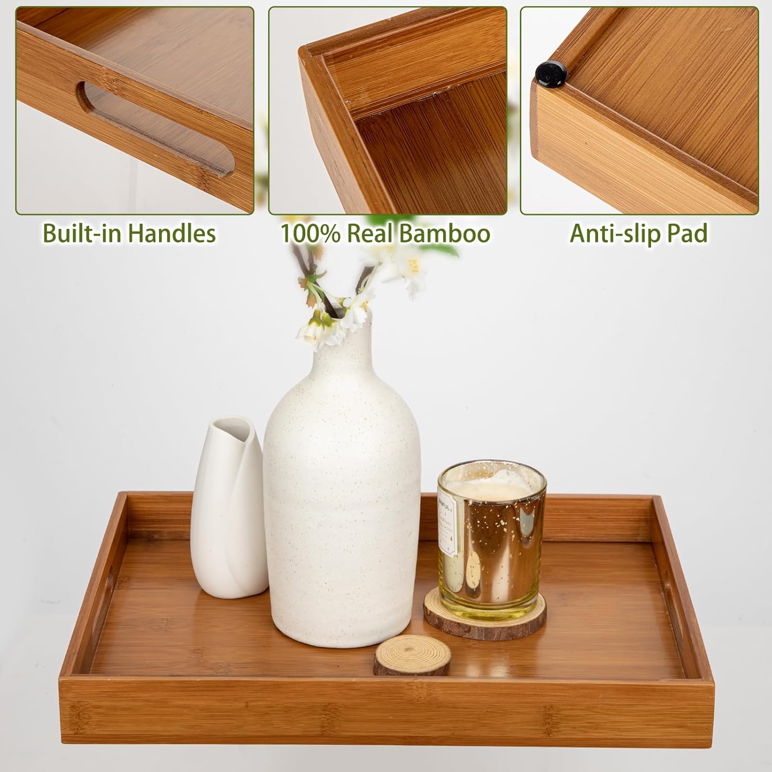 Briful Bamboo Decorative Tray with Handles - 16 x 12 Inch Rectangle Serving Tray for Coffee Table Decor Farmhouse Kitchen Counter Organizer & Bathroom Vanity, Brown