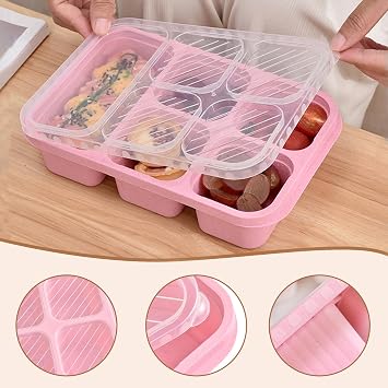 4 Pcs Snack Box with Compartments, 5-Compartment Bento Lunch Box Snack Boxes for Kids and Adults with Transparent Lid for School Work Travel Picnics (Beige/Blue/Pink/Green)