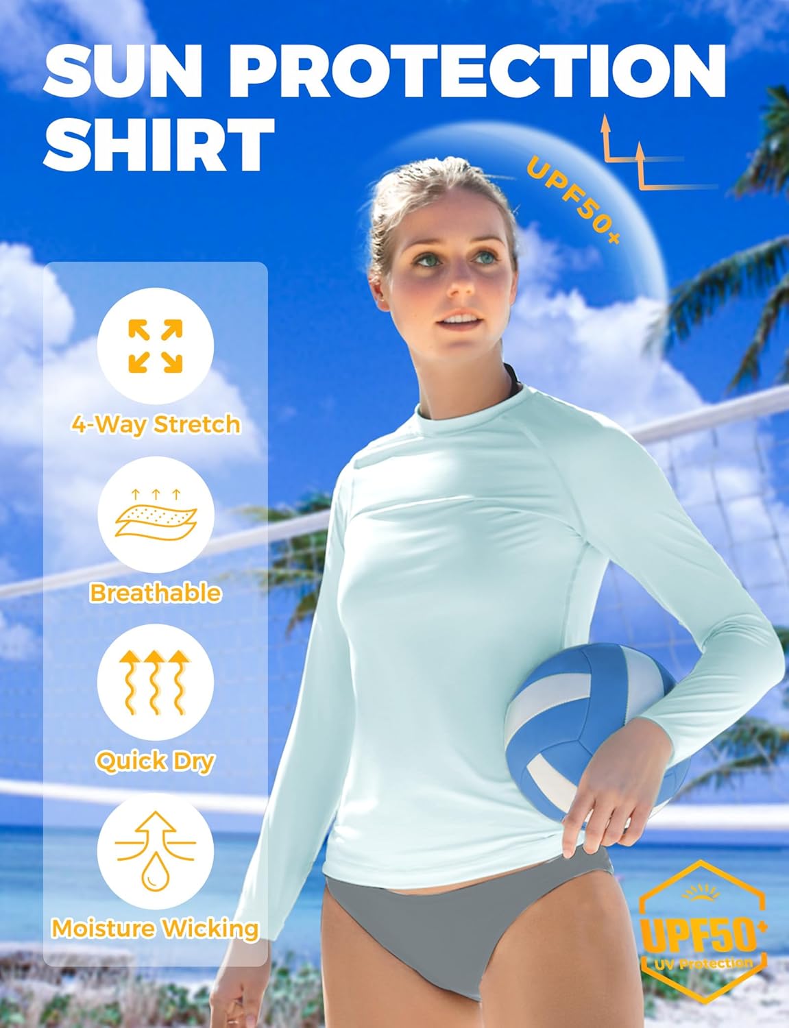 AURUZA UPF50+ Women Rash Guard UV Protection Shirts, Quick Dry Workout Long Sleeve Shirts Sun Swimming Tops for Women - Image 2