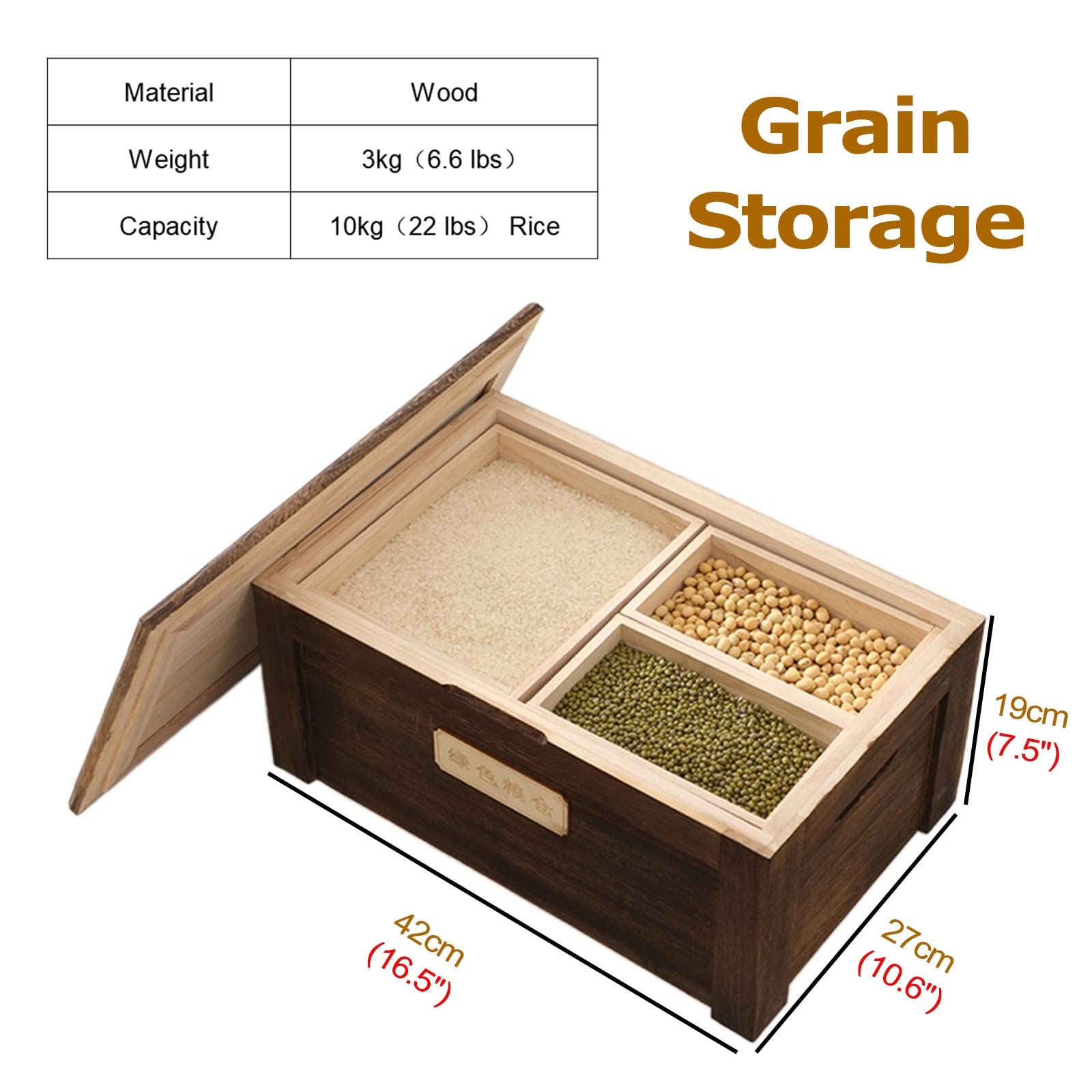 Contenitori per Alimenti Ermetici Legna Scatola Porta Riso con 3 Scomparti/coperchi - 2,5 kg/ 5 kg Piccolo Contenitore per Cereali impilabile, Cucina casa dispensa da banco