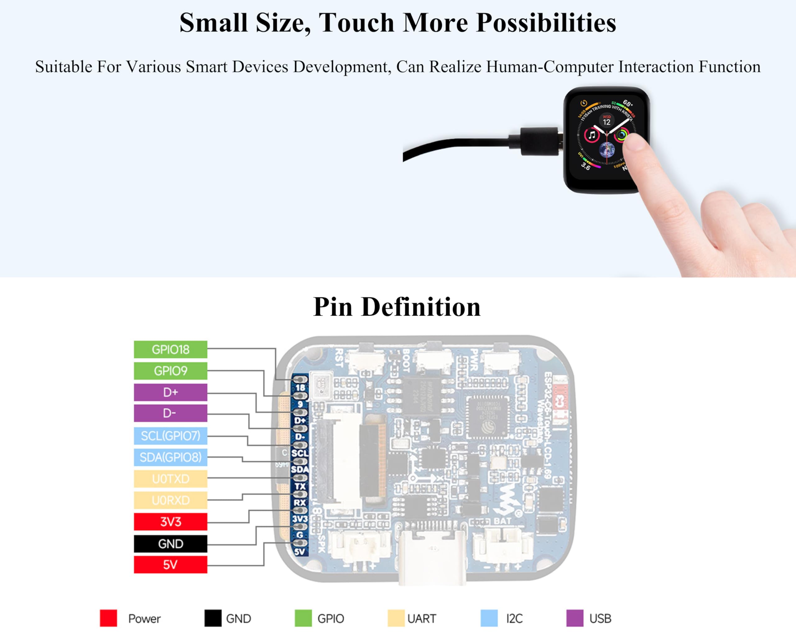 ESP32-C6 1.69inch Touch LCD Development Board, ESP32 with Display 240×280 Pixels, Supports Wi-Fi 6/BLE 5, 160MHz RISC-V Processor, SPI Interface, AI Speech, Support AI Voice Interaction, with Speaker