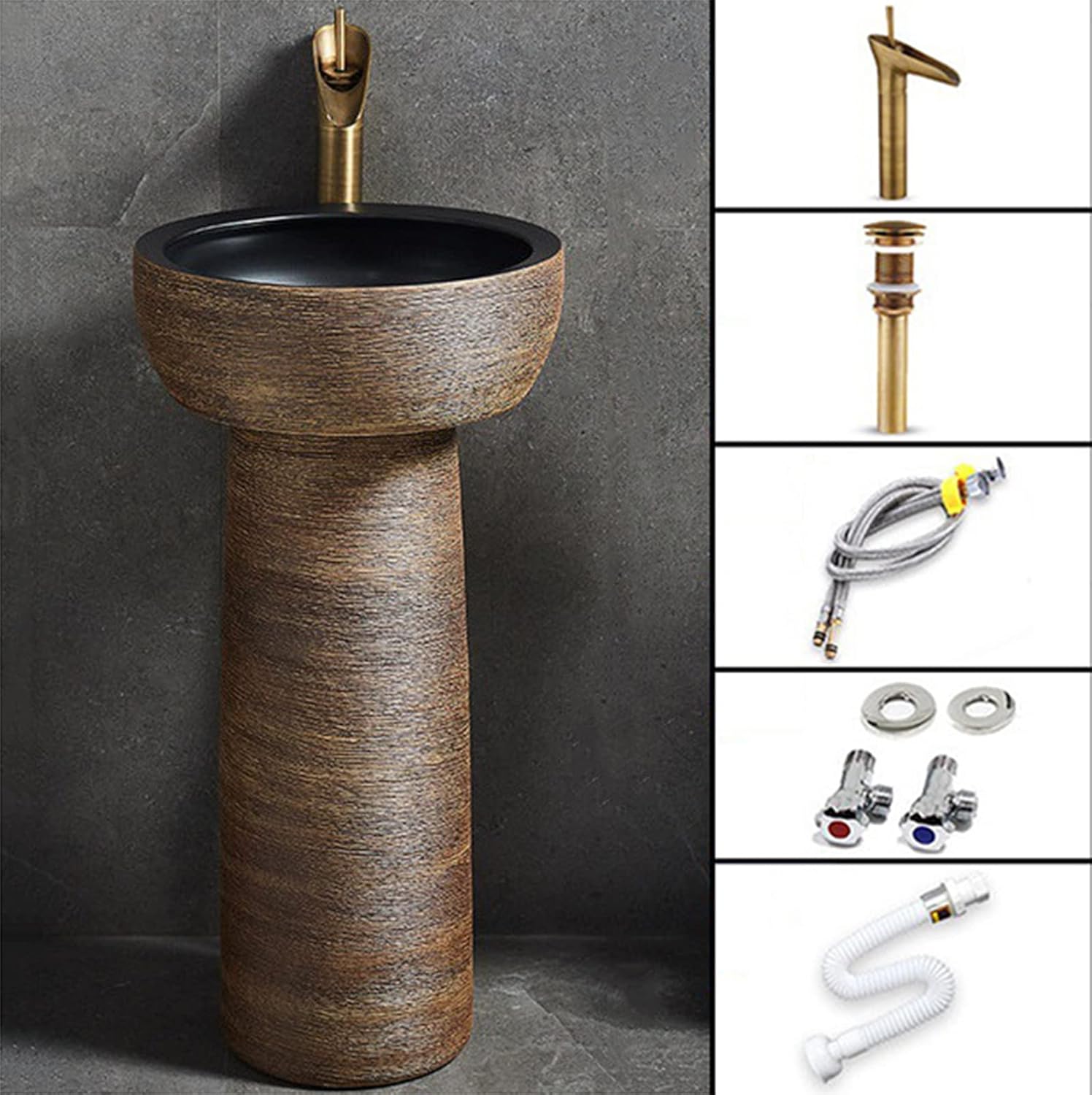 Ceramic Bathroom Basin Sink with Full Pedestal and One Tap Hole - Modern Round Freestanding Sink Set for Bathroom Décor - 4 Piece Set