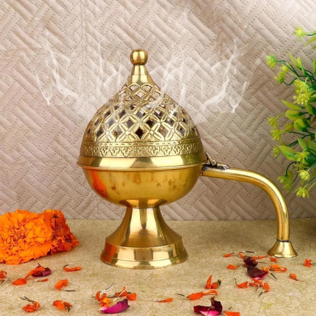 Brass Dhuna Loban Burner, Round Dhooni Dhoop Dani Incense Burner, Table-Top Brass Incense Holder for Loban, Elegant and Traditional Dhoop Dani for Purifying Home, 7 Inch (500 Gram)